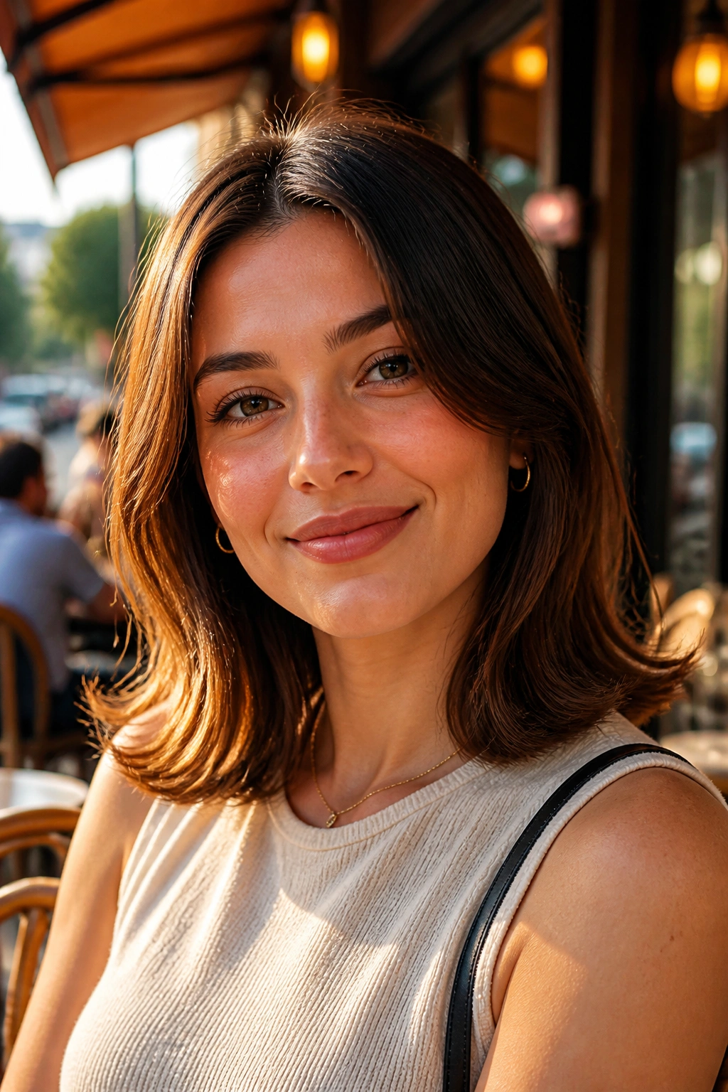 Close-up of a real woman with shoulder-length flicked ends in an outdoor cafe