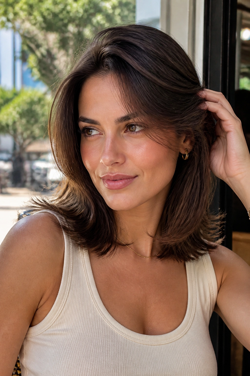 Real woman with shoulder-length flip-out layers captured in warm natural light.