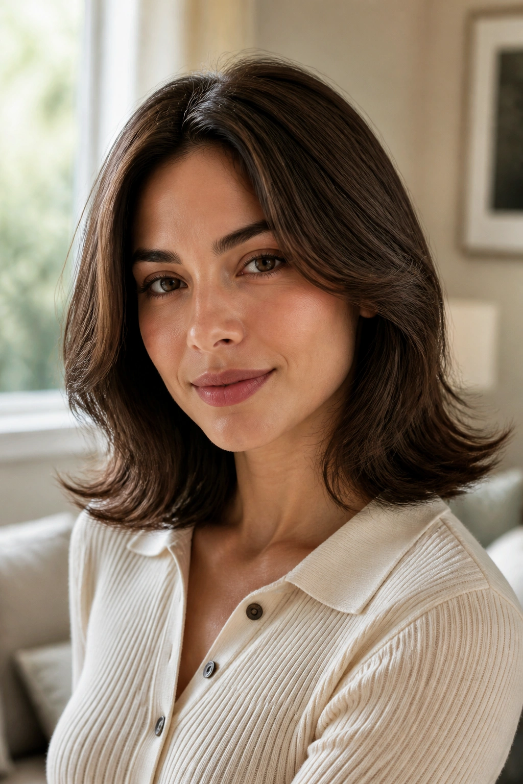 Close-up of a woman with shoulder-length hair and flipped-out ends