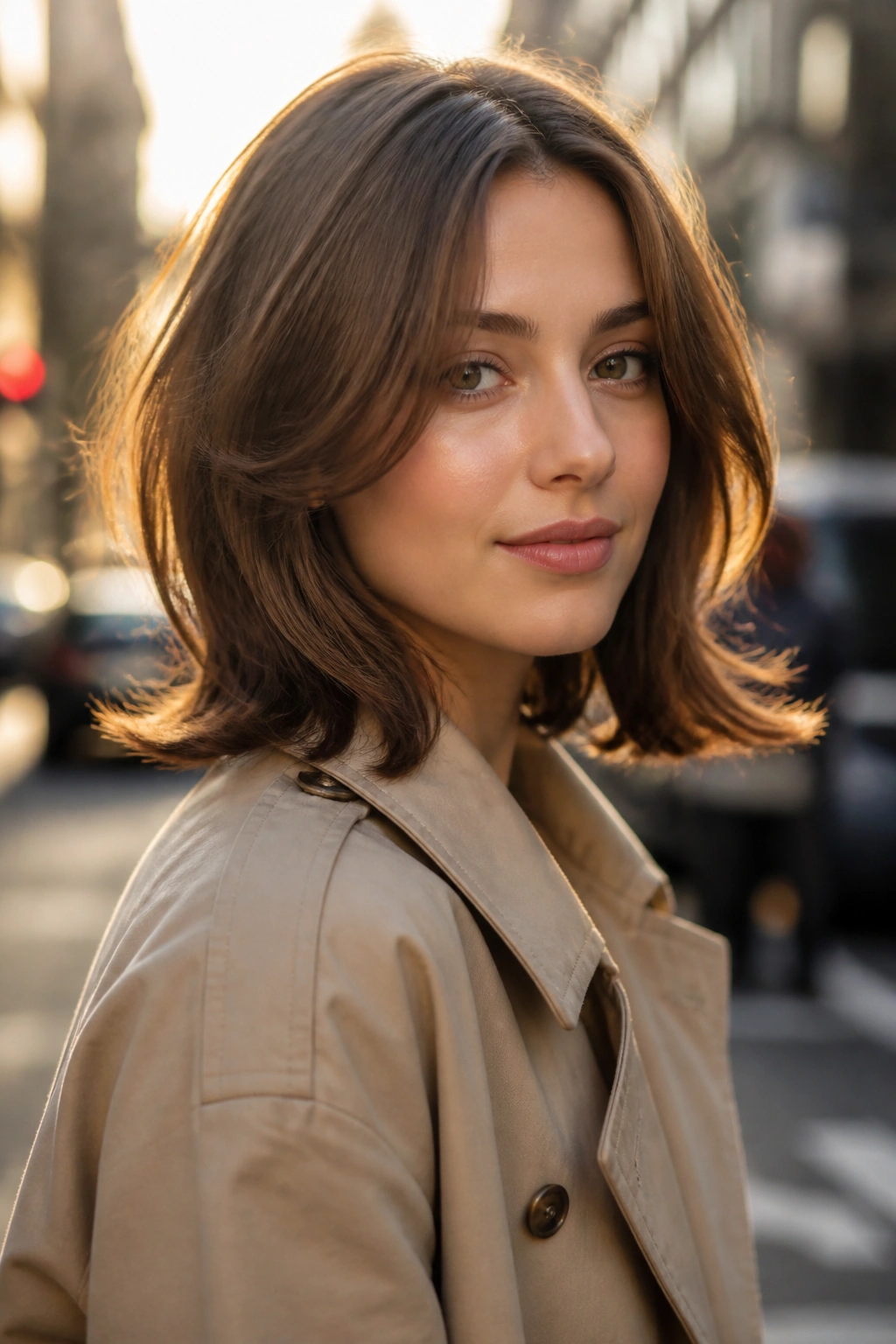 Medium close-up of real person with shoulder-length hair and flipped ends