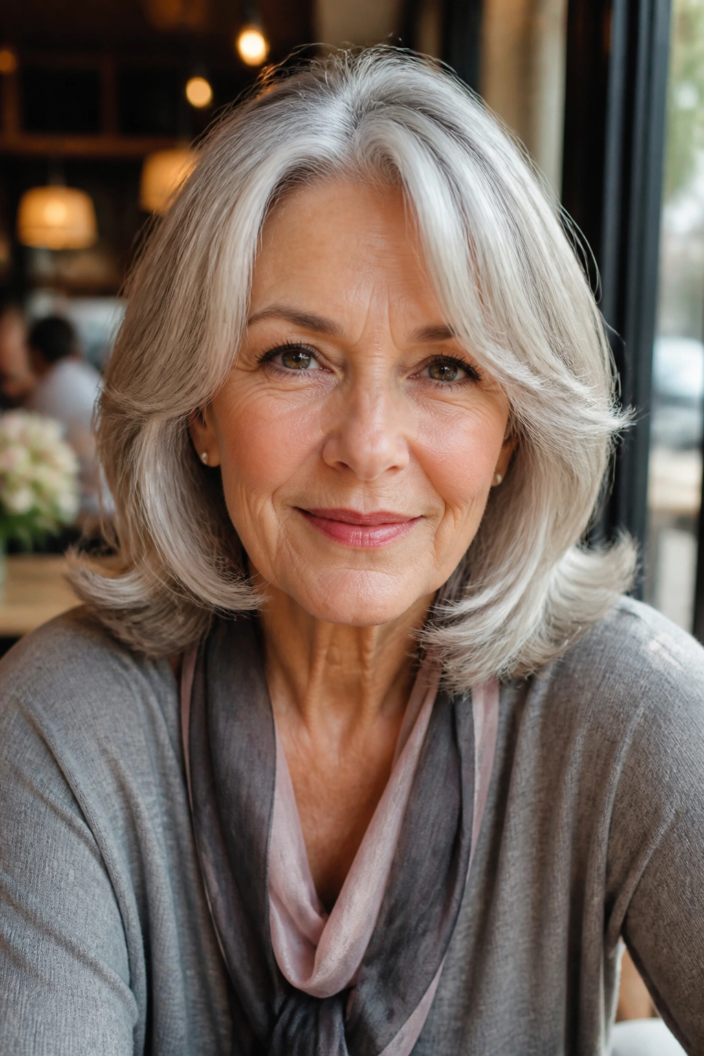 Close-up of an elderly woman with shoulder-length hair and soft flips