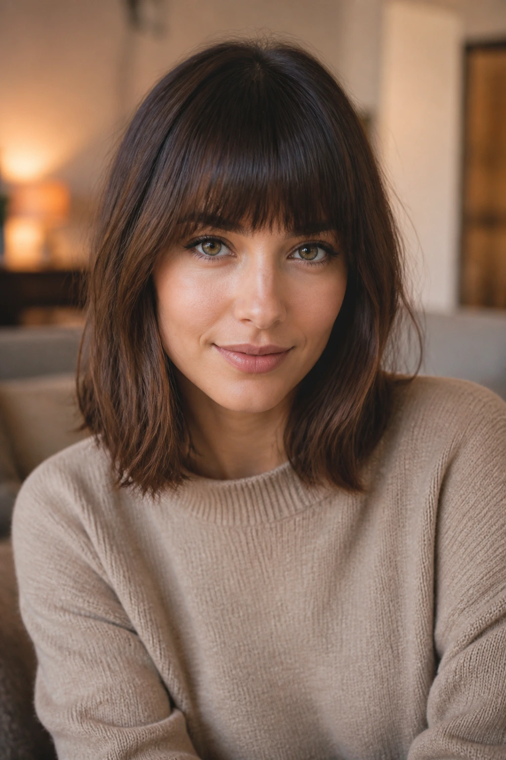 Close-up of a real woman with shoulder-length cut and full fringe