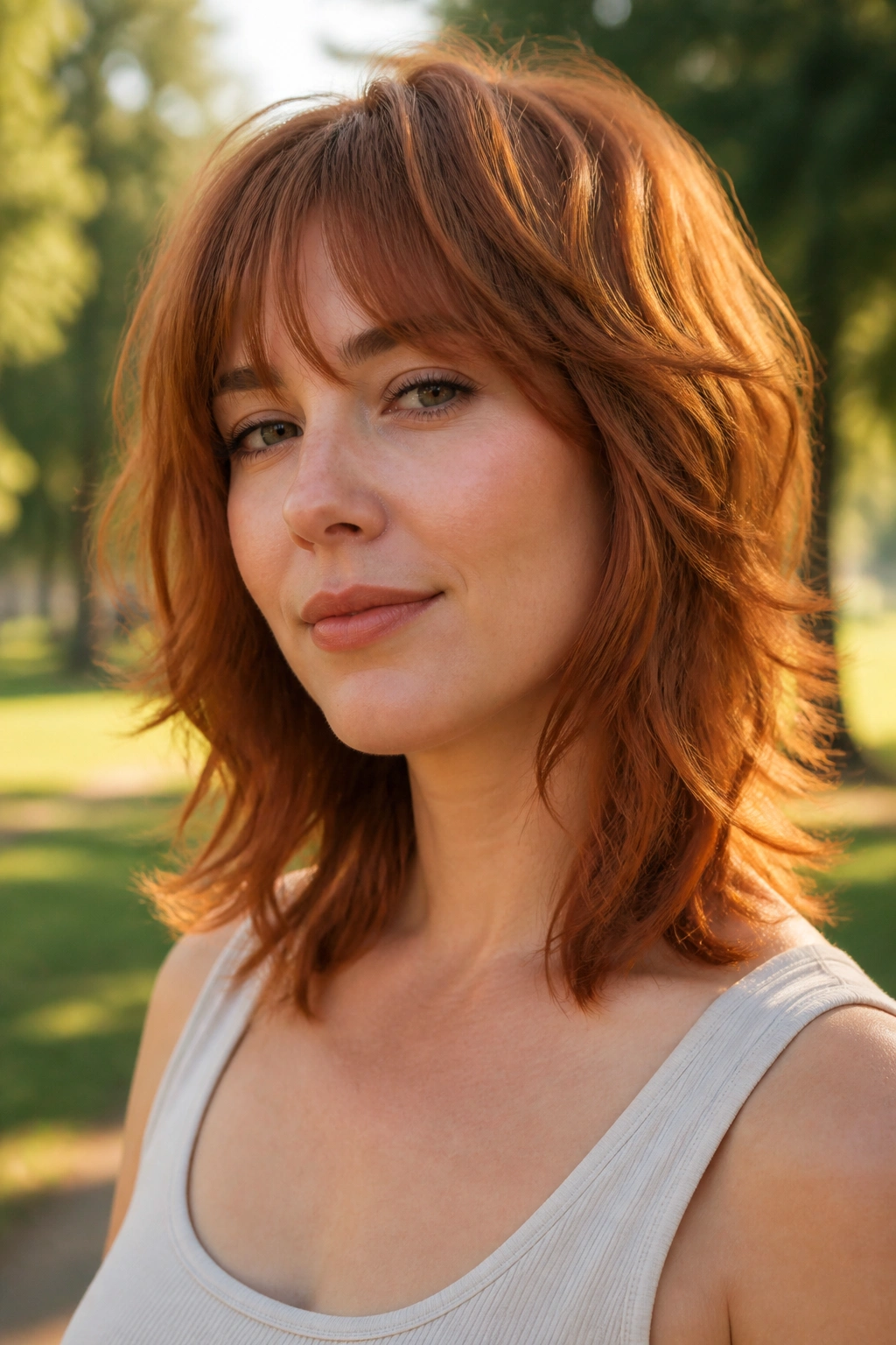 Portrait of real woman with shoulder-length ginger wolf cut and airy ends in park light
