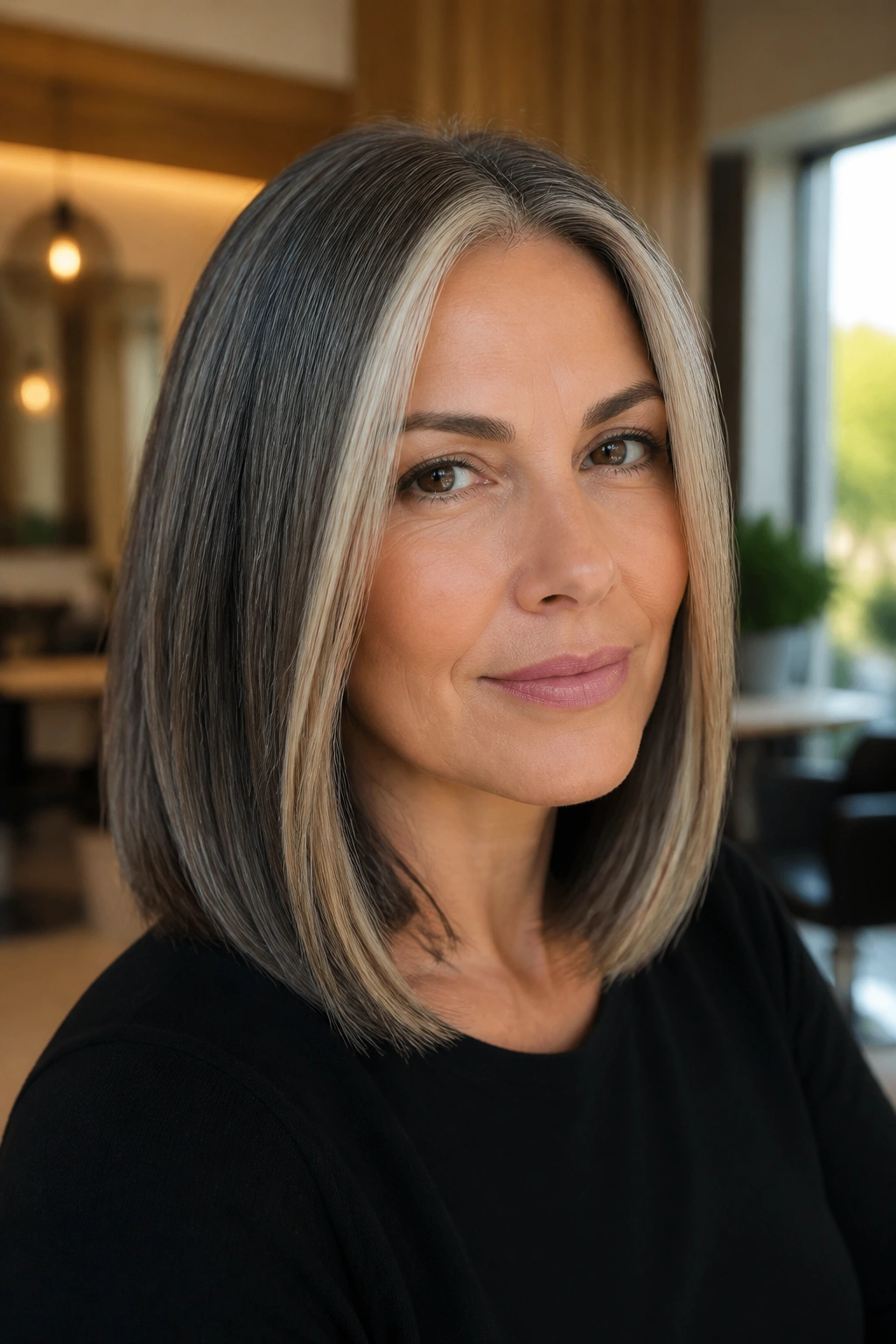 Close-up of a real woman with a sleek shoulder-length haircut and champagne money piece