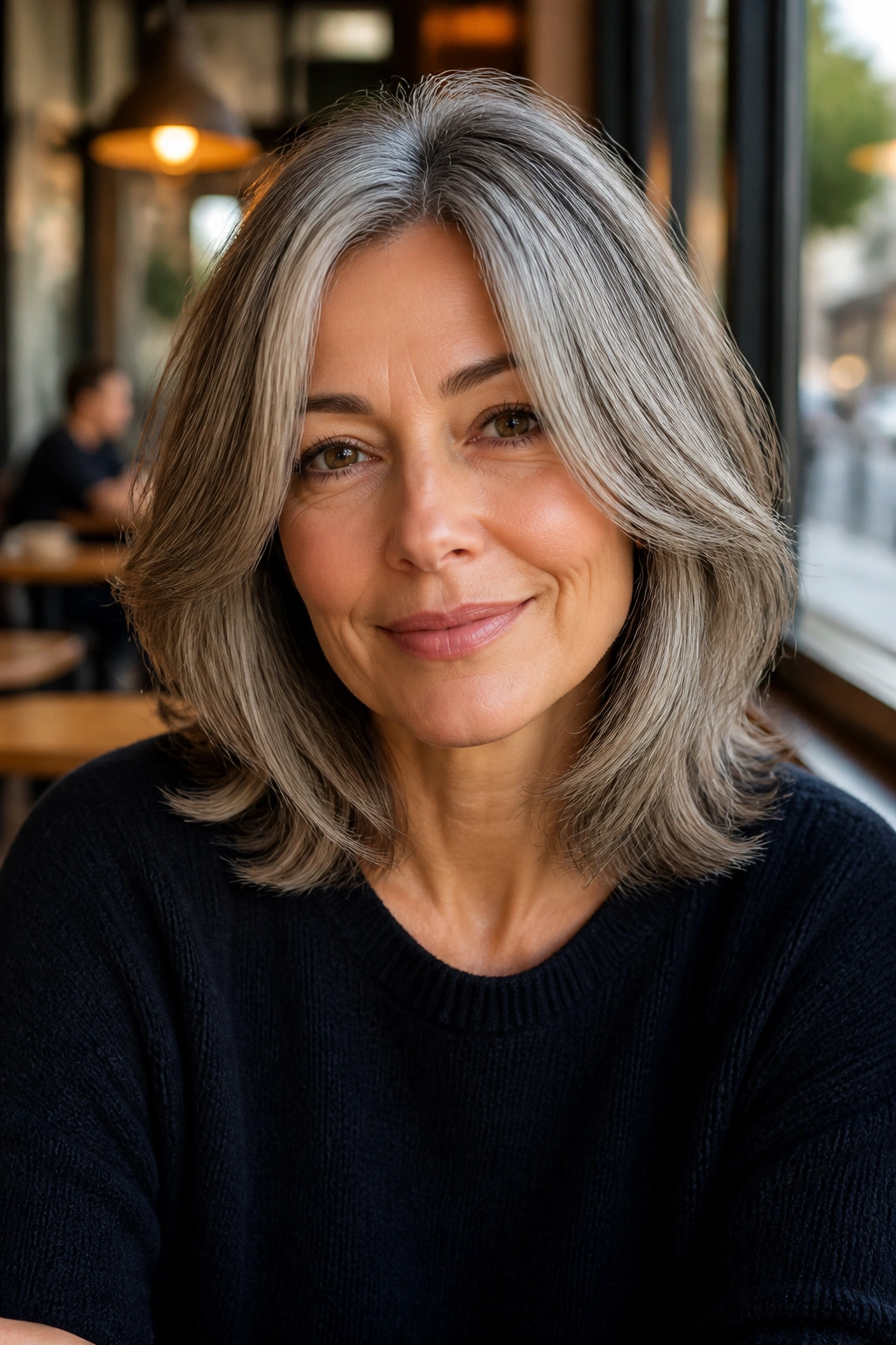 Woman with shoulder-length hair and face-framing layers in cafe light