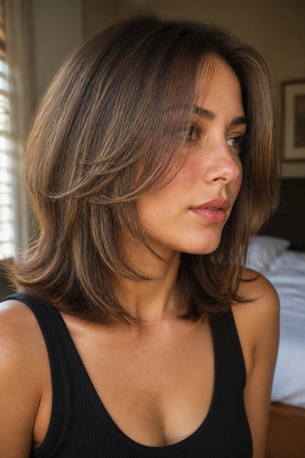 Portrait of a real person with classic shoulder length step cut featuring face-framing layers