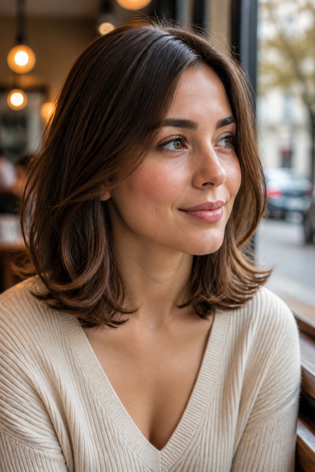 Close-up of a woman with shoulder-length hair flipped at the ends