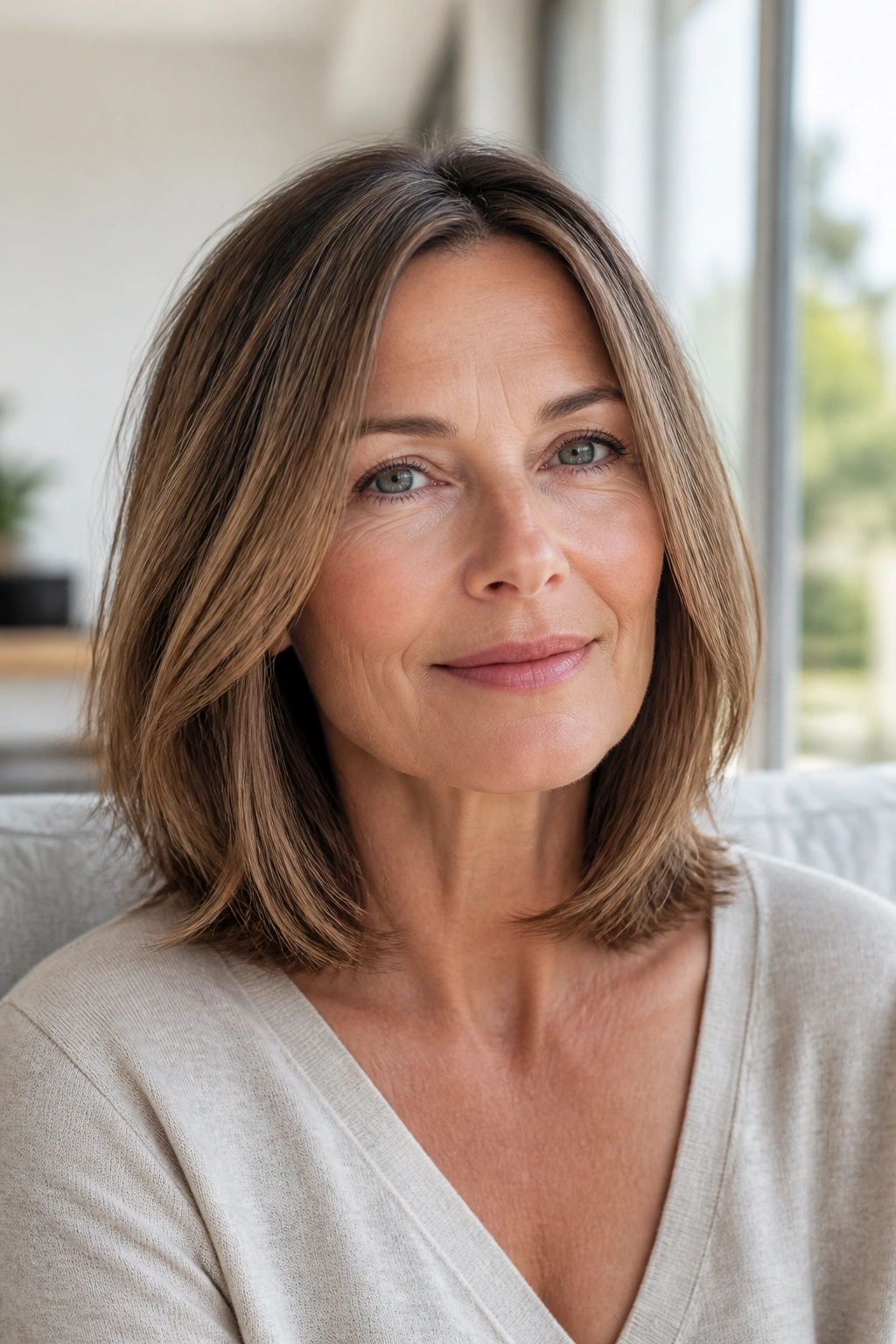 Portrait of a woman with shoulder-length hair and invisible layers