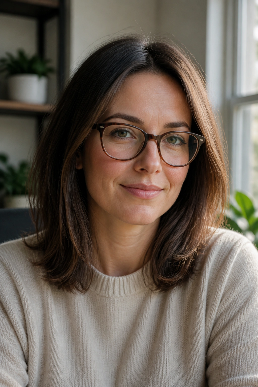 Real woman with shoulder-length hair and glasses in a cozy home setting.