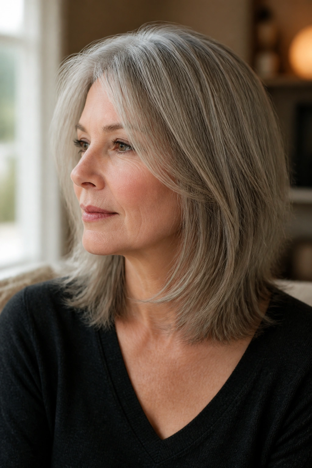 Portrait of a woman with shoulder-length cut and long internal layers