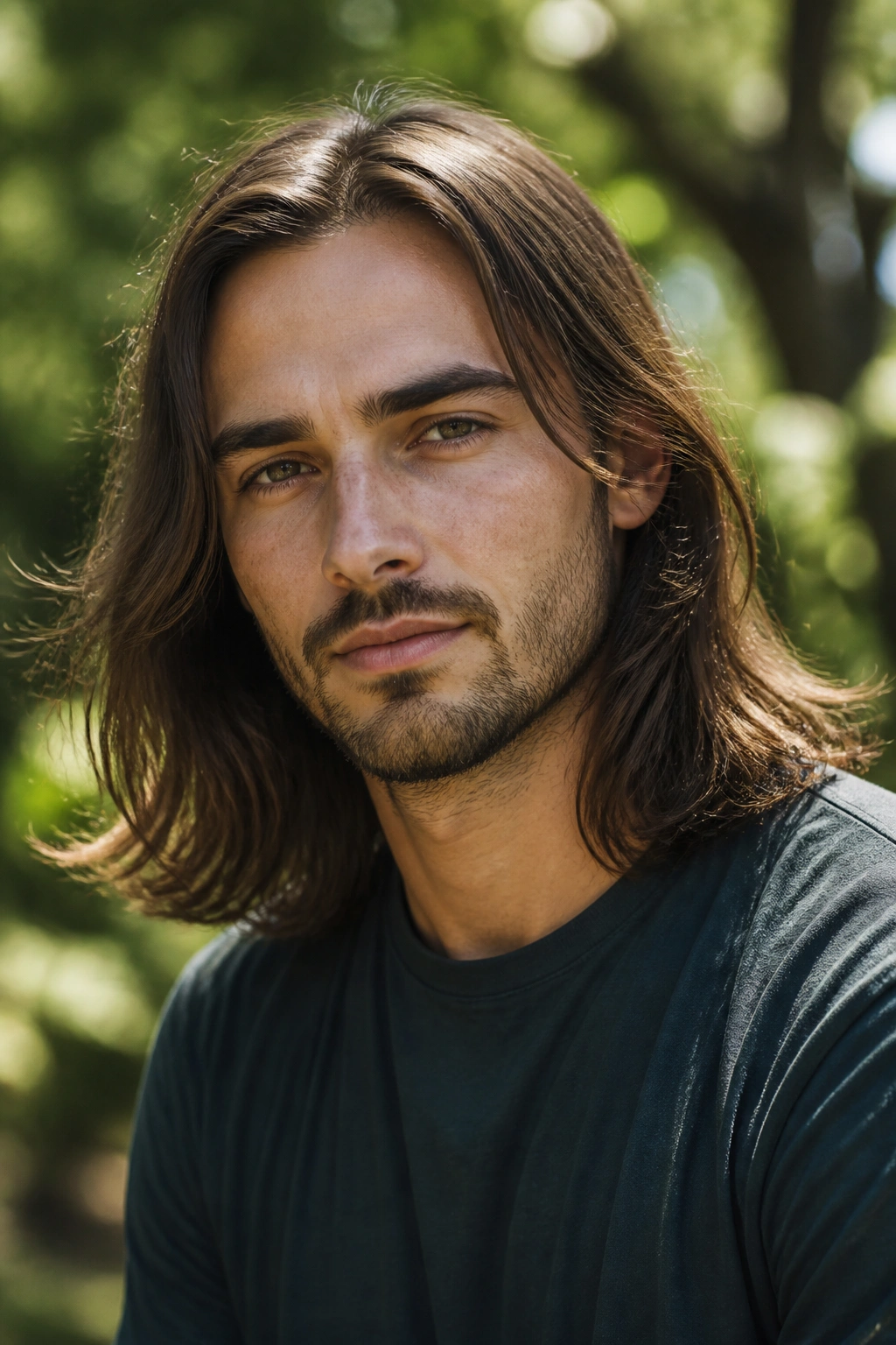 Close-up portrait of a man with shoulder-length flowing hair outdoors