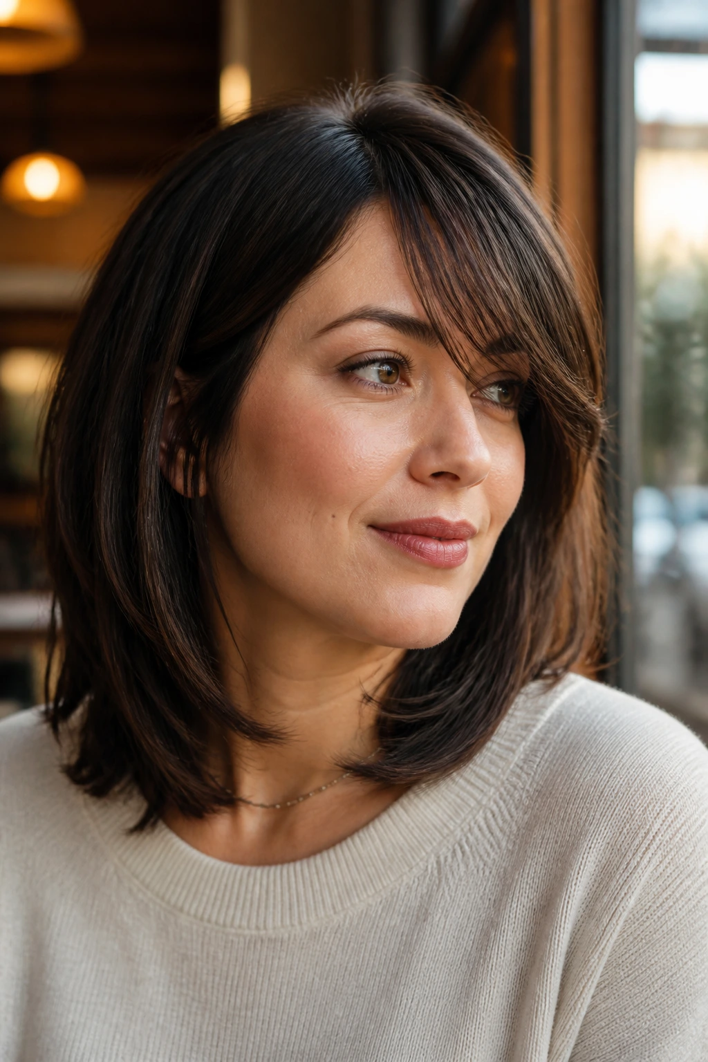 Close-up portrait of a real woman with shoulder-length hair and diagonal side-swept bangs