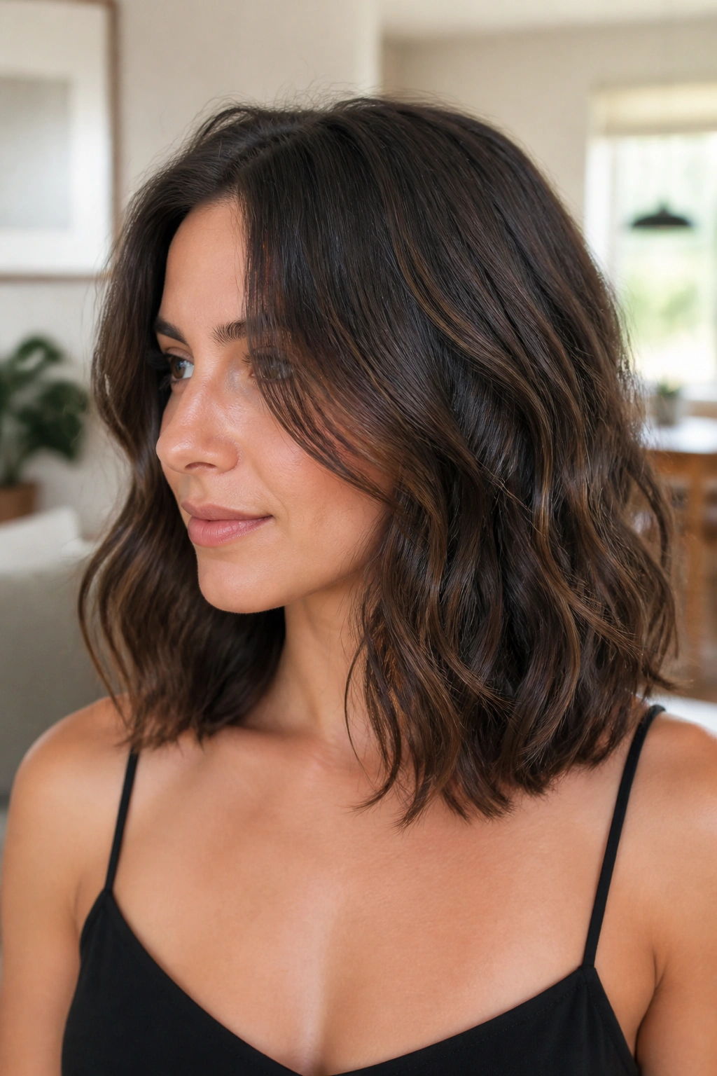 Close-up of a real woman with a shoulder-length hairstyle featuring hidden inner layers