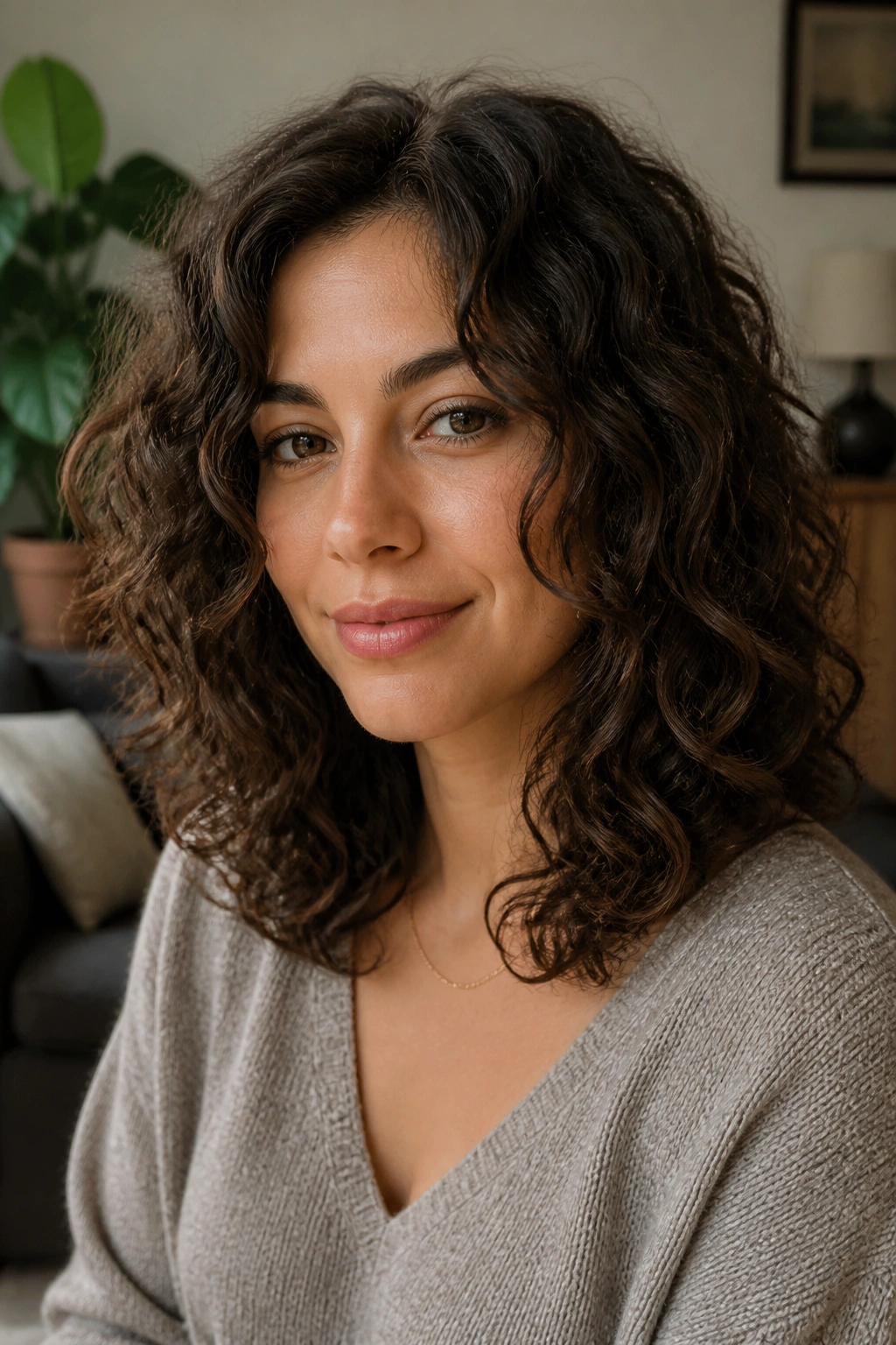 Close-up of a real woman with shoulder-length curls and inner layers framing the face.