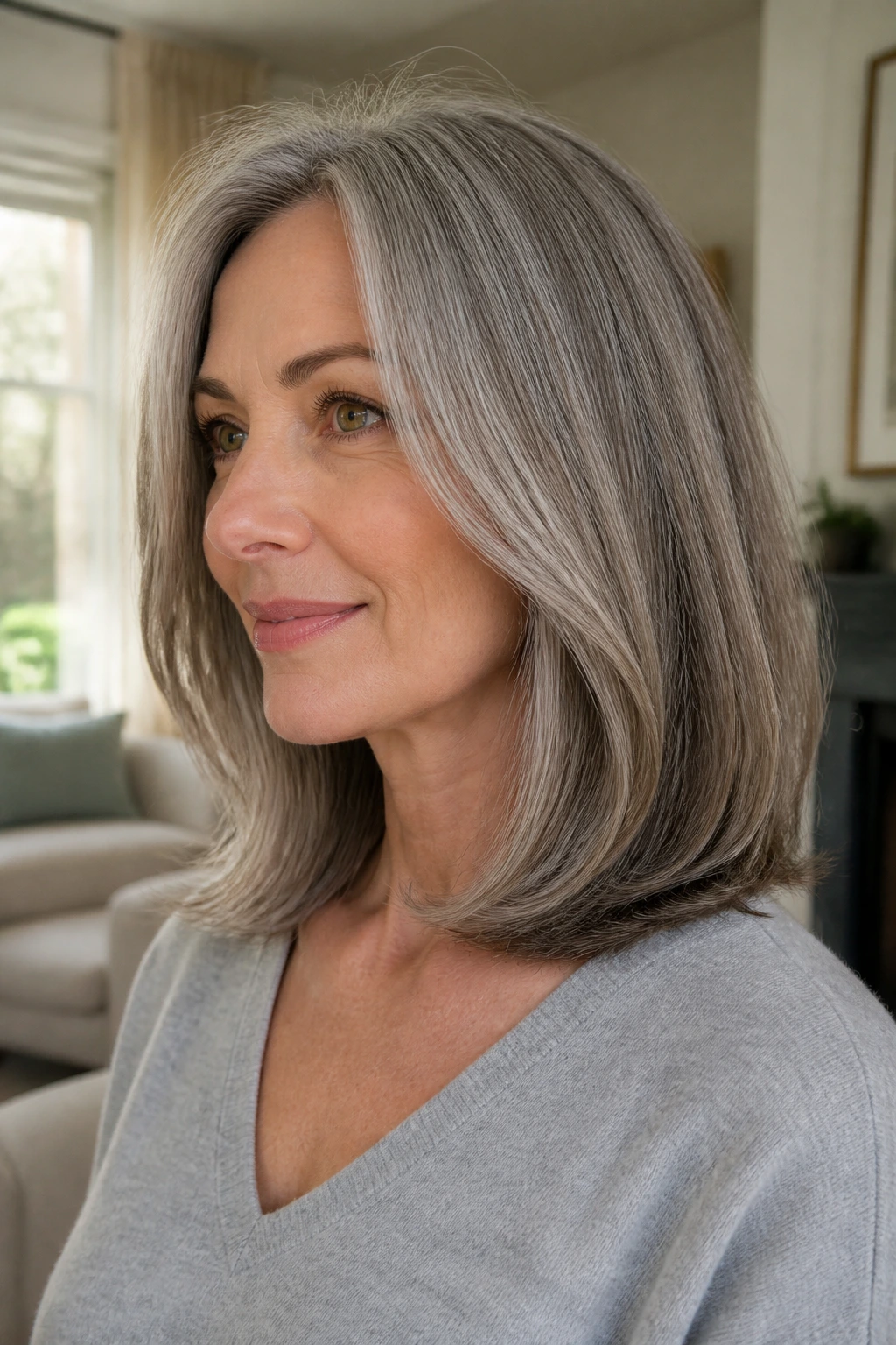 Close-up portrait of a real woman with shoulder-length hair and invisible layers in natural window light