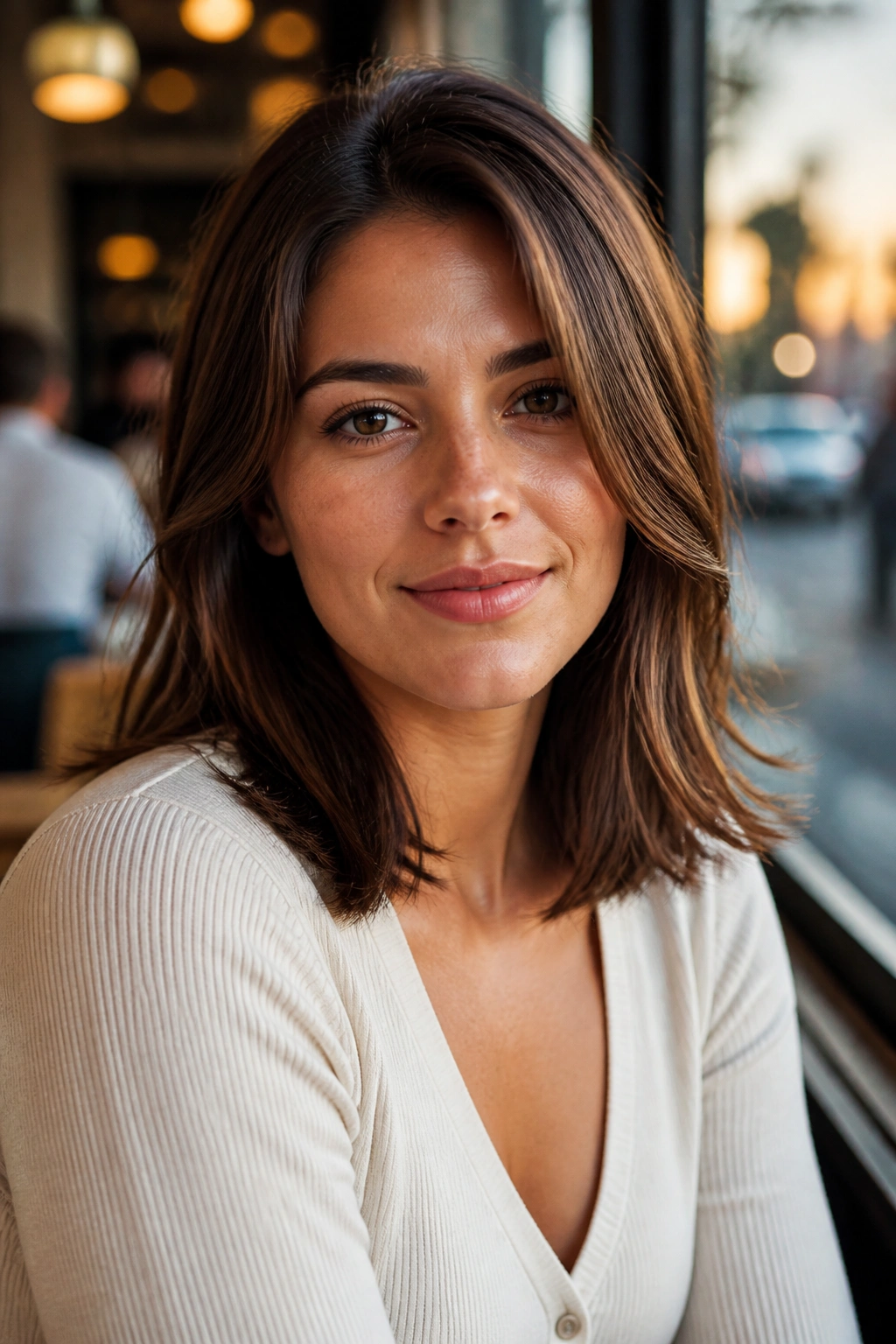 Real woman with shoulder-length hair with invisible layers in warm cafe lighting