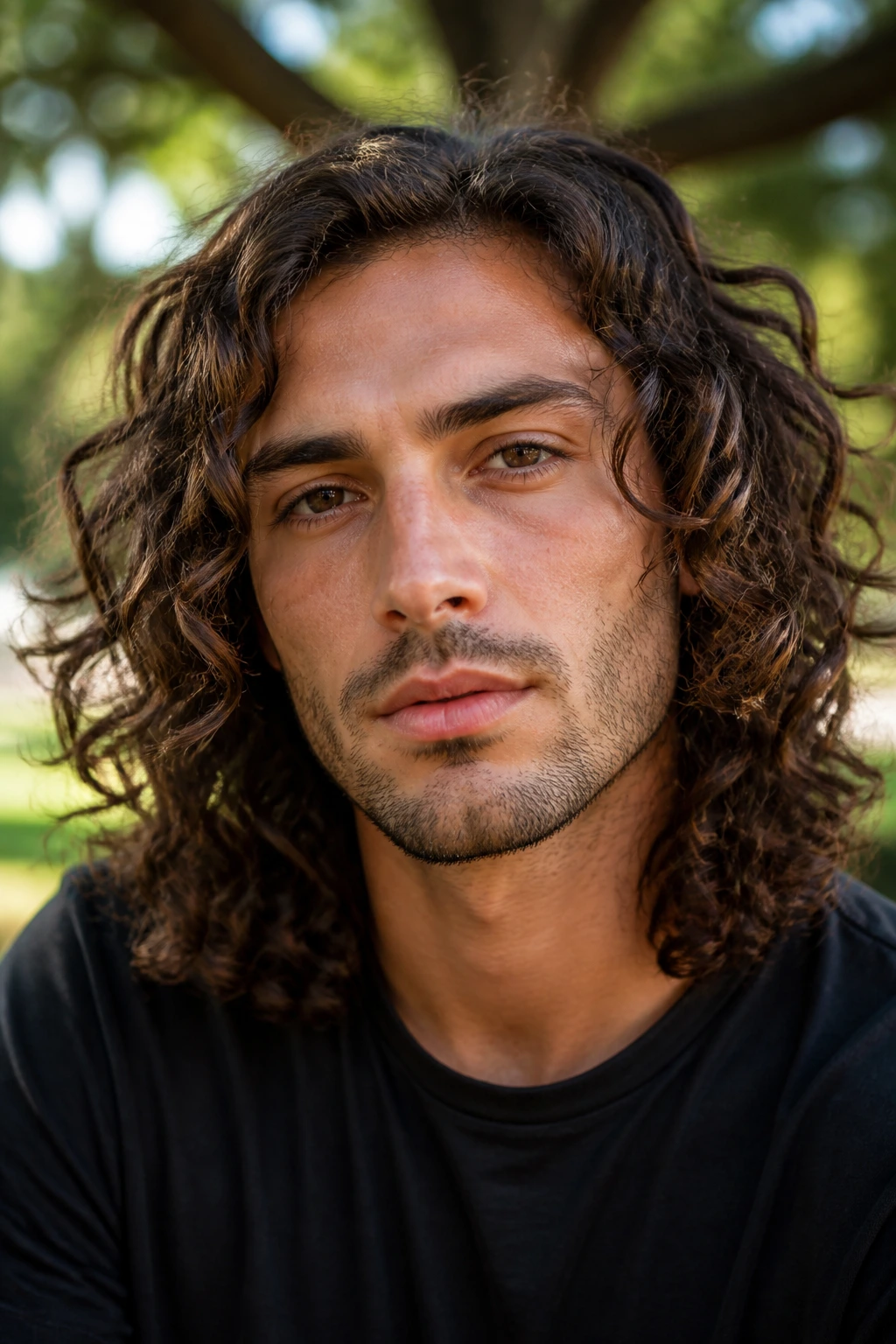 Close-up of a man with shoulder-length layered curls in an outdoor setting.