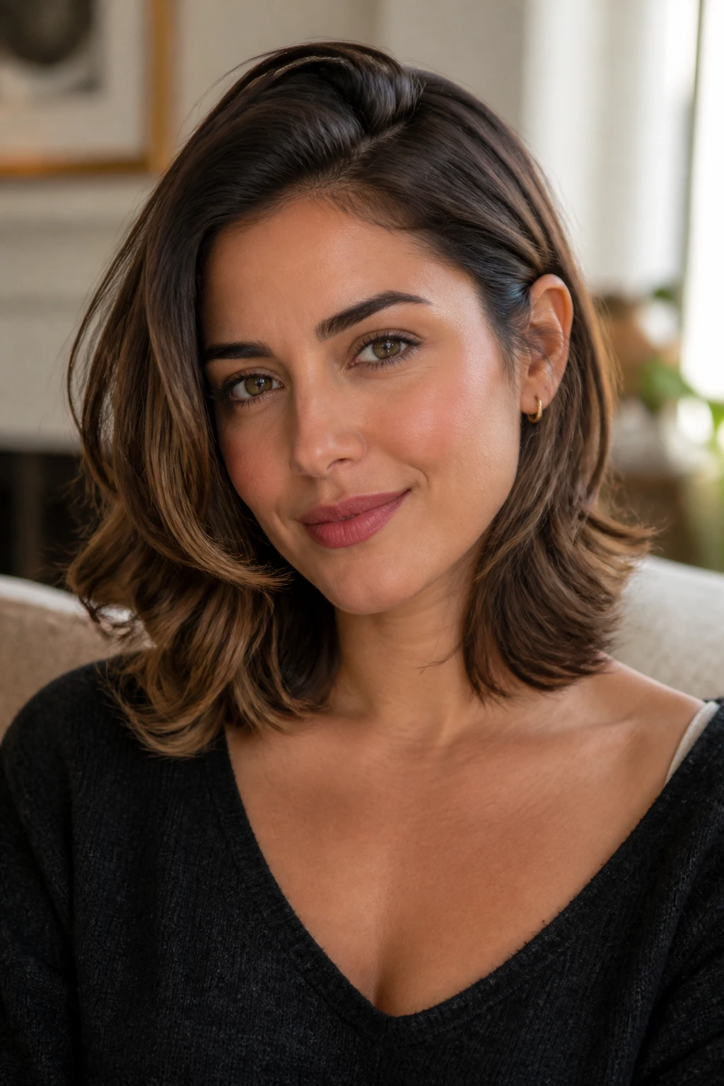 Close-up portrait of shoulder-length layered hairstyle opening the face with warm window light