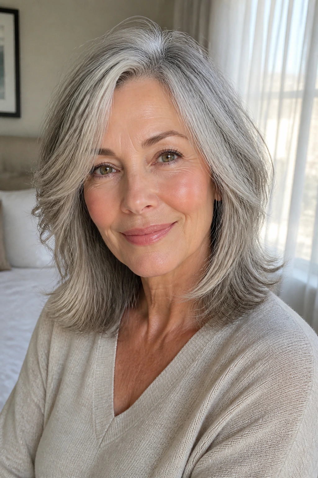 Real woman with shoulder-length layered hair on fine gray hair in natural light.