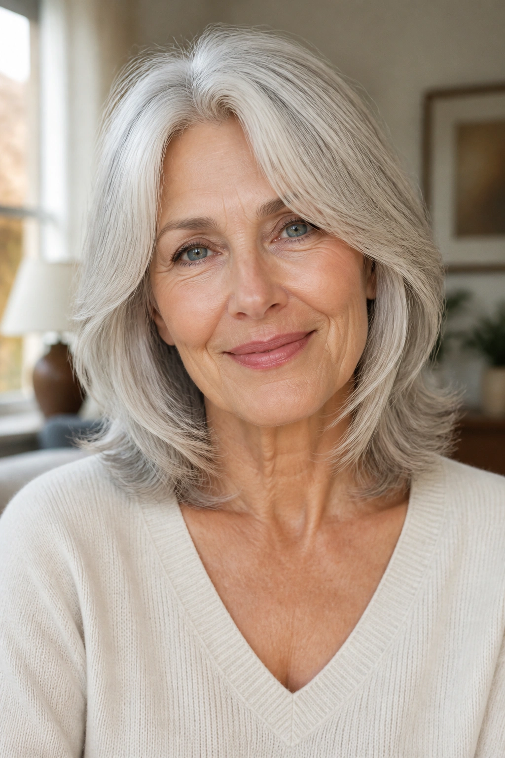 Older woman with shoulder-length layered cut in natural daylight