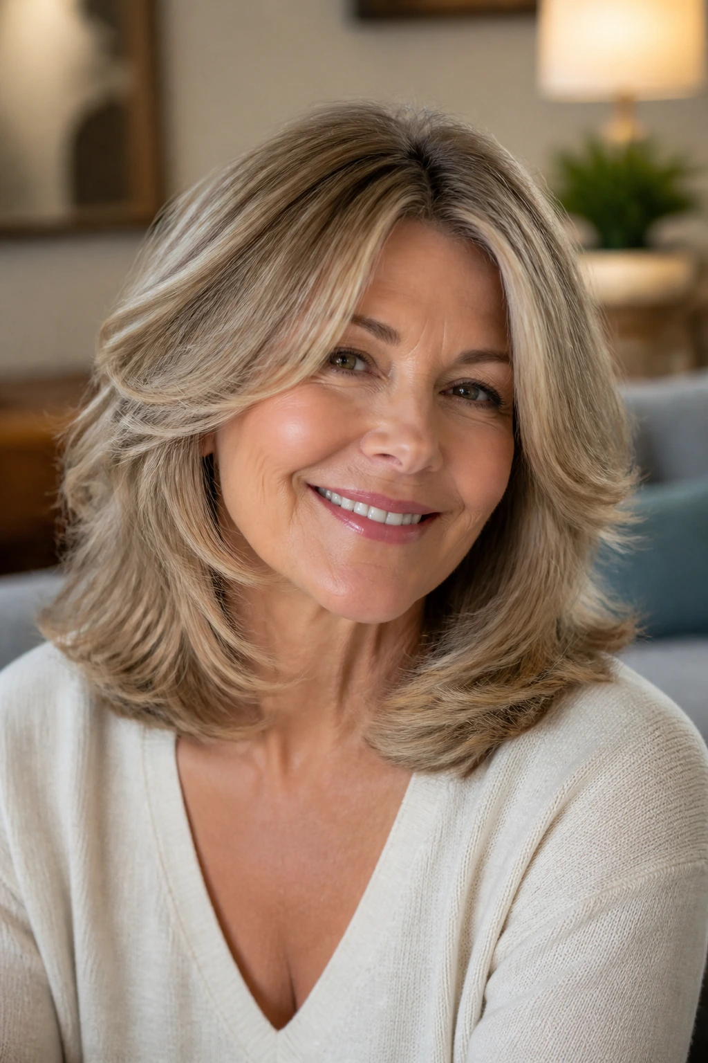 Close-up of a real woman with shoulder-length layered hair