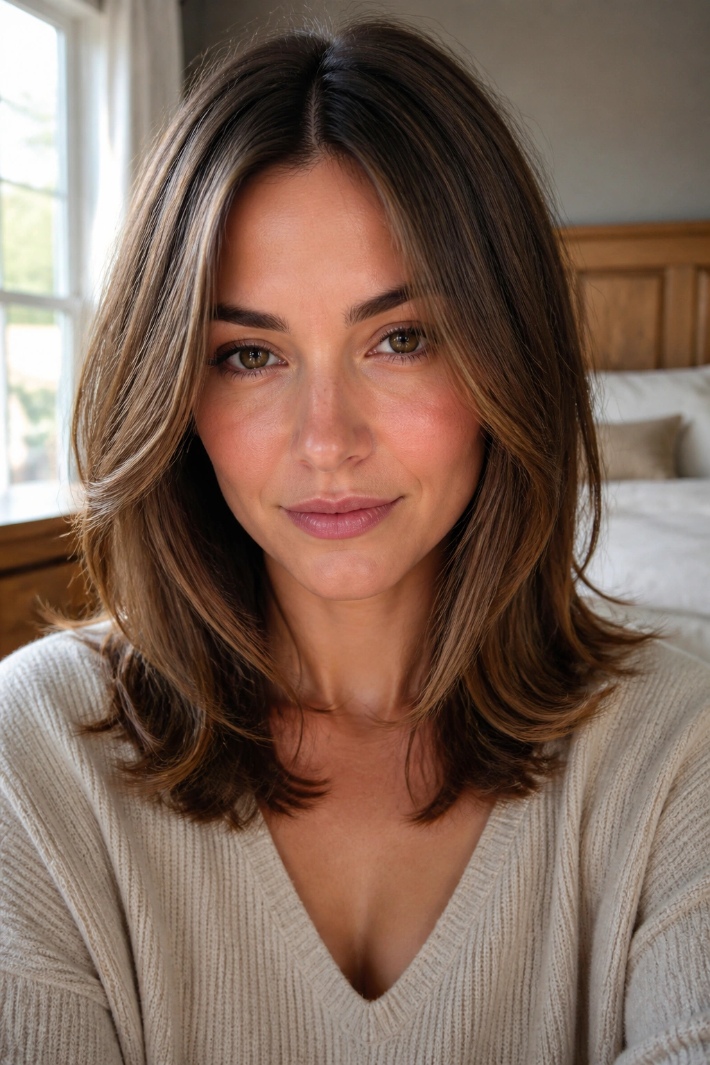 Close-up photo of a real woman showing shoulder-length layered hair flattering a diamond face