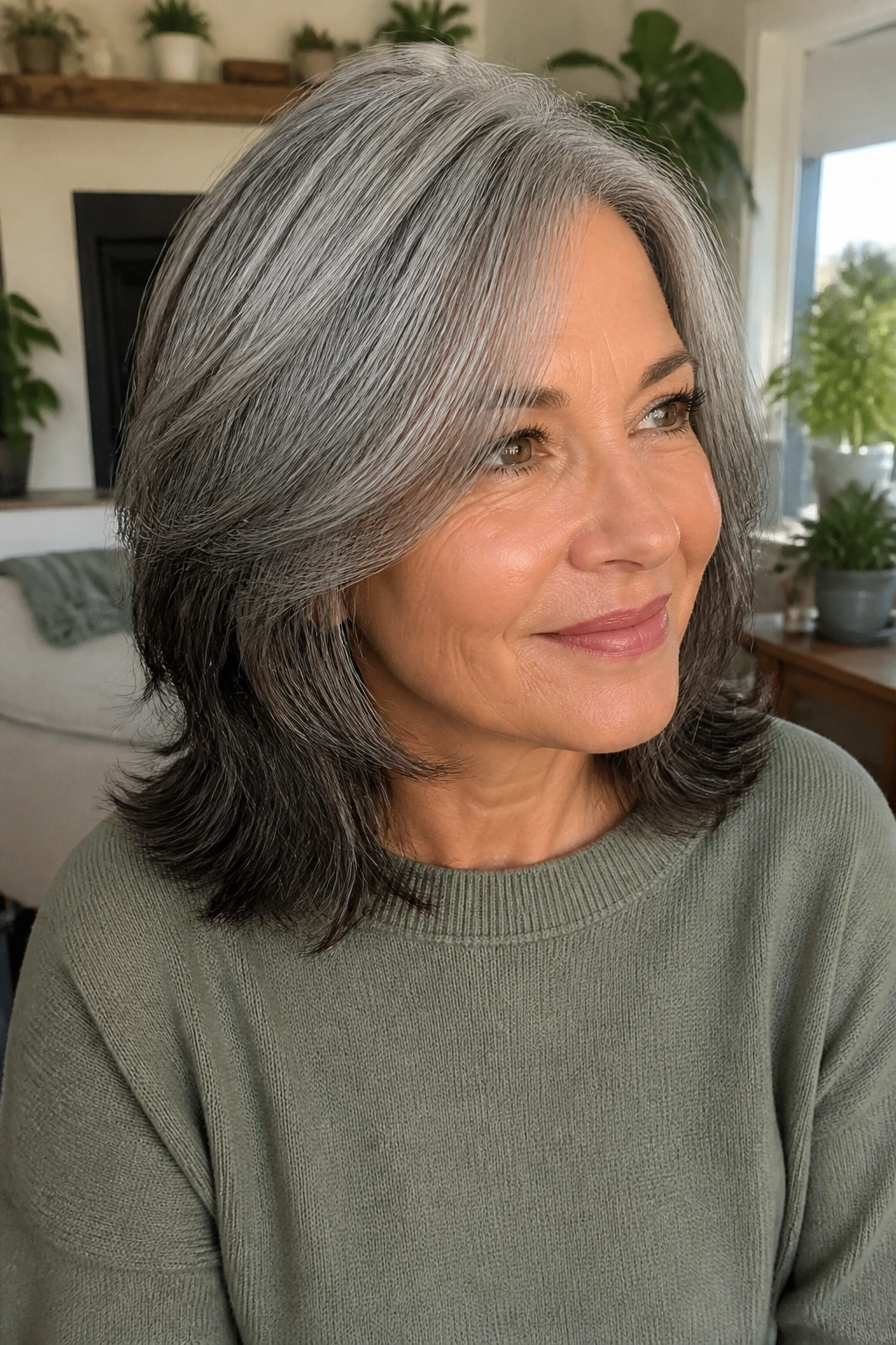 Close-up of a real woman with shoulder-length layered hair and peppery ends