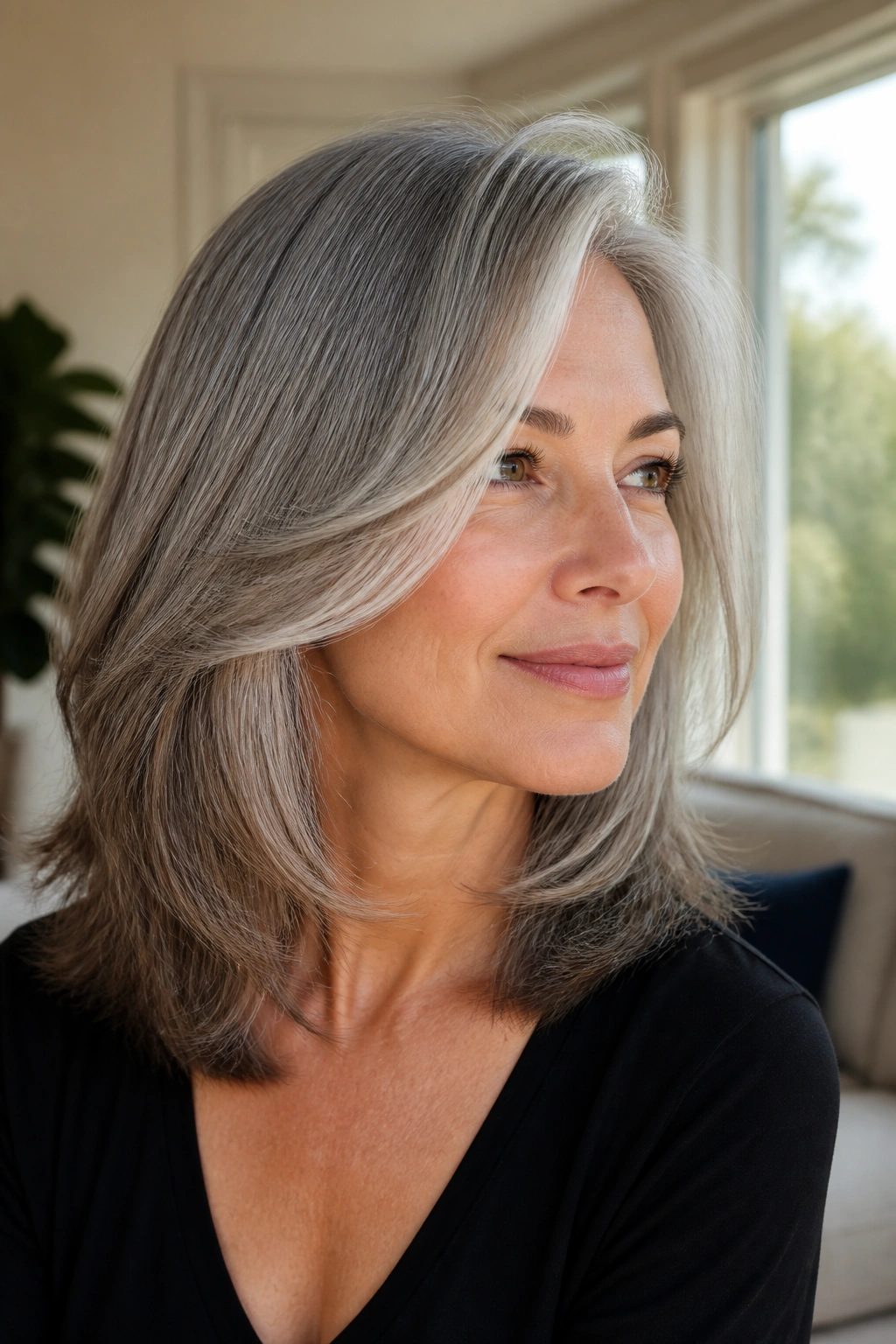 Close-up of a real woman with shoulder-length layers and a side sweep in a sunlit living room.