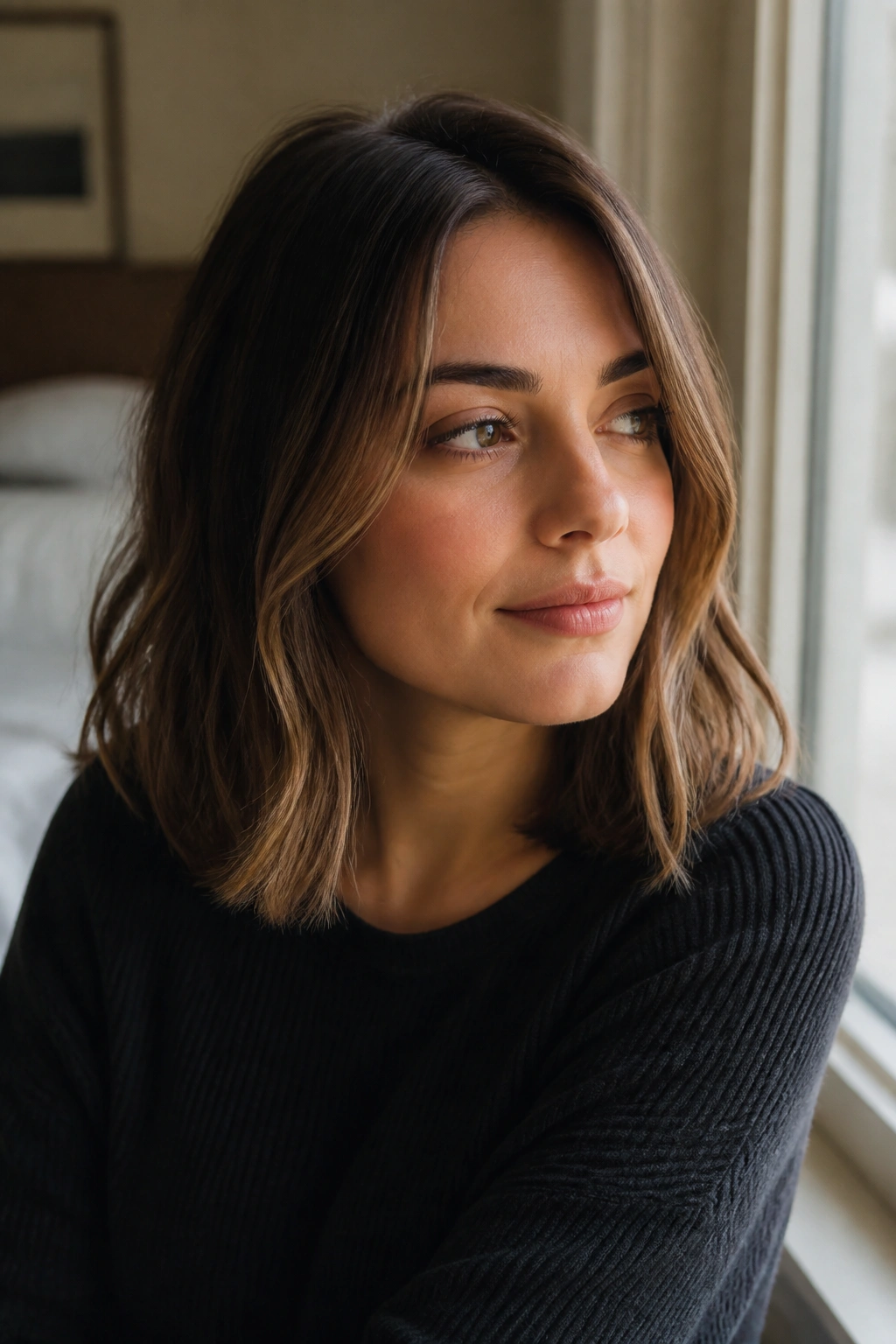 Close-up of a real woman with a shoulder-length lob and soft ends in daylight