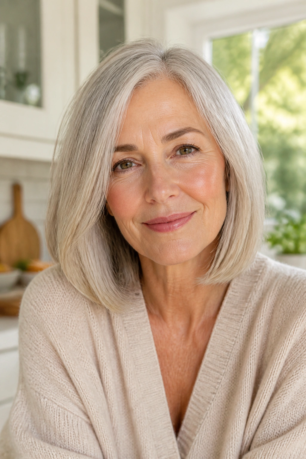 Medium close-up of real woman with shoulder-length lob in sunlit kitchen