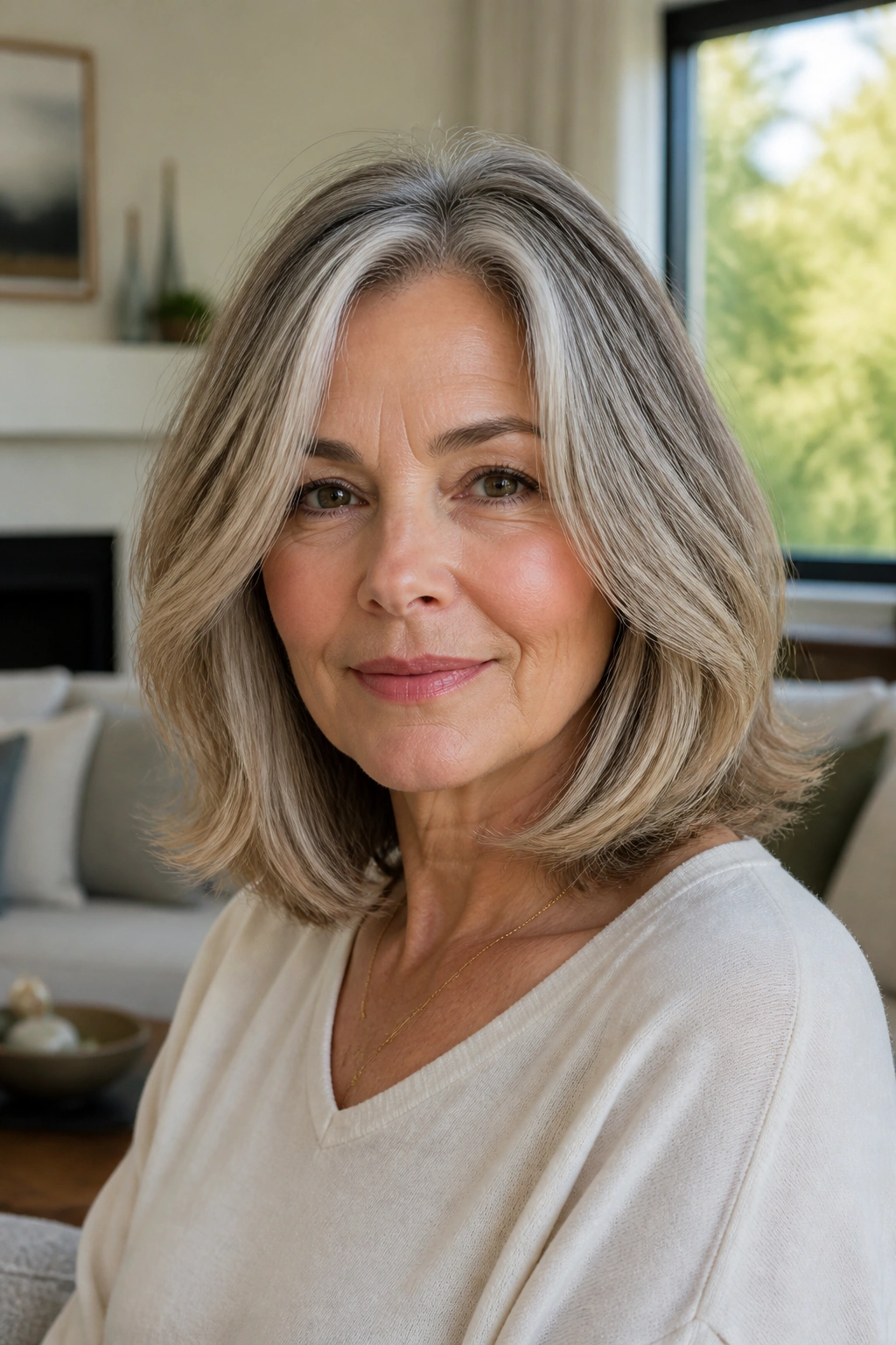 Medium close-up of a real woman with shoulder-length lob and light layers in daylight
