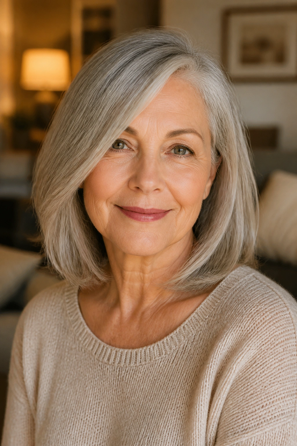 Close-up of a real 60s woman with shoulder-length lob and side part in warm interior