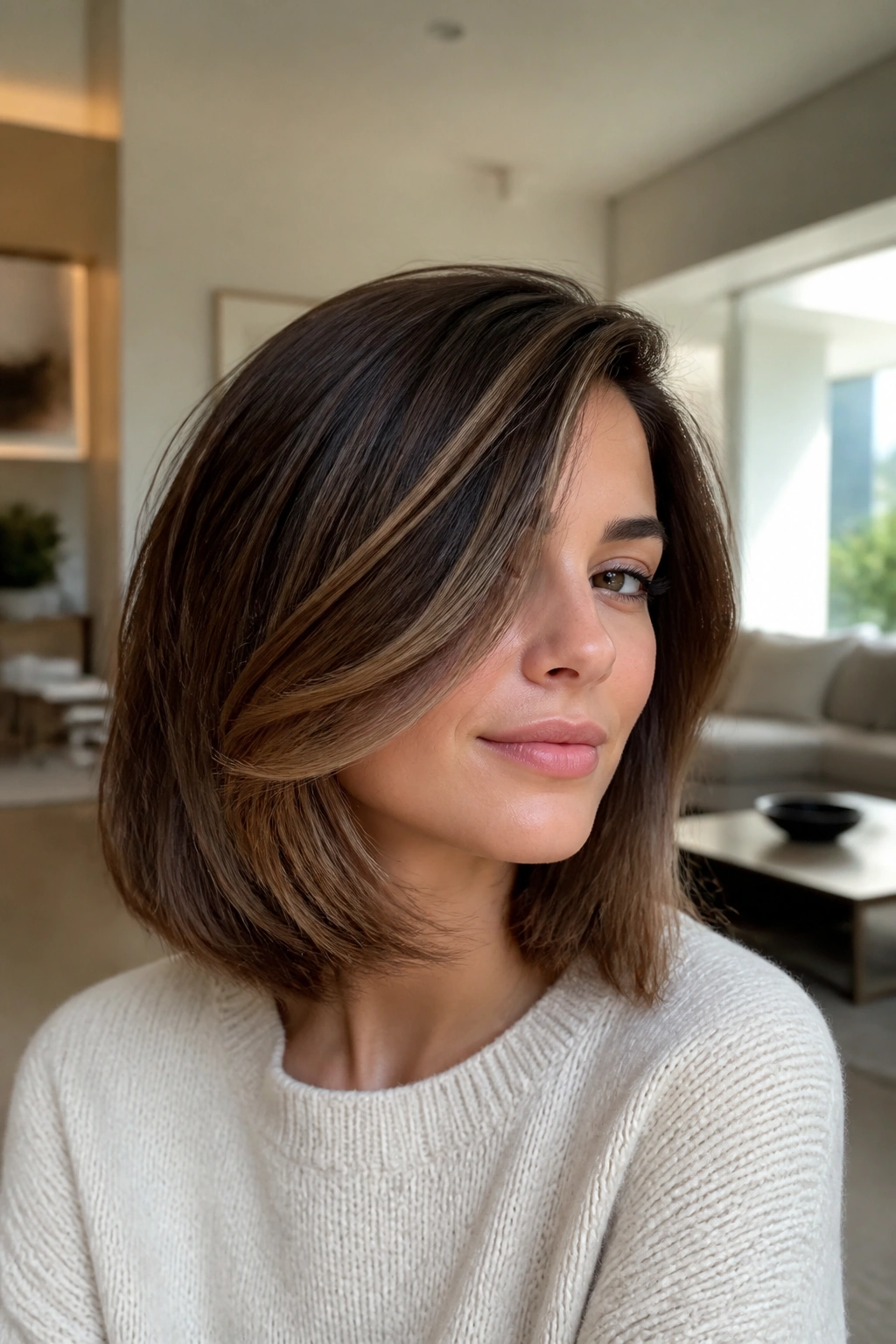 Portrait of a woman with a shoulder-length lob and swooped front piece