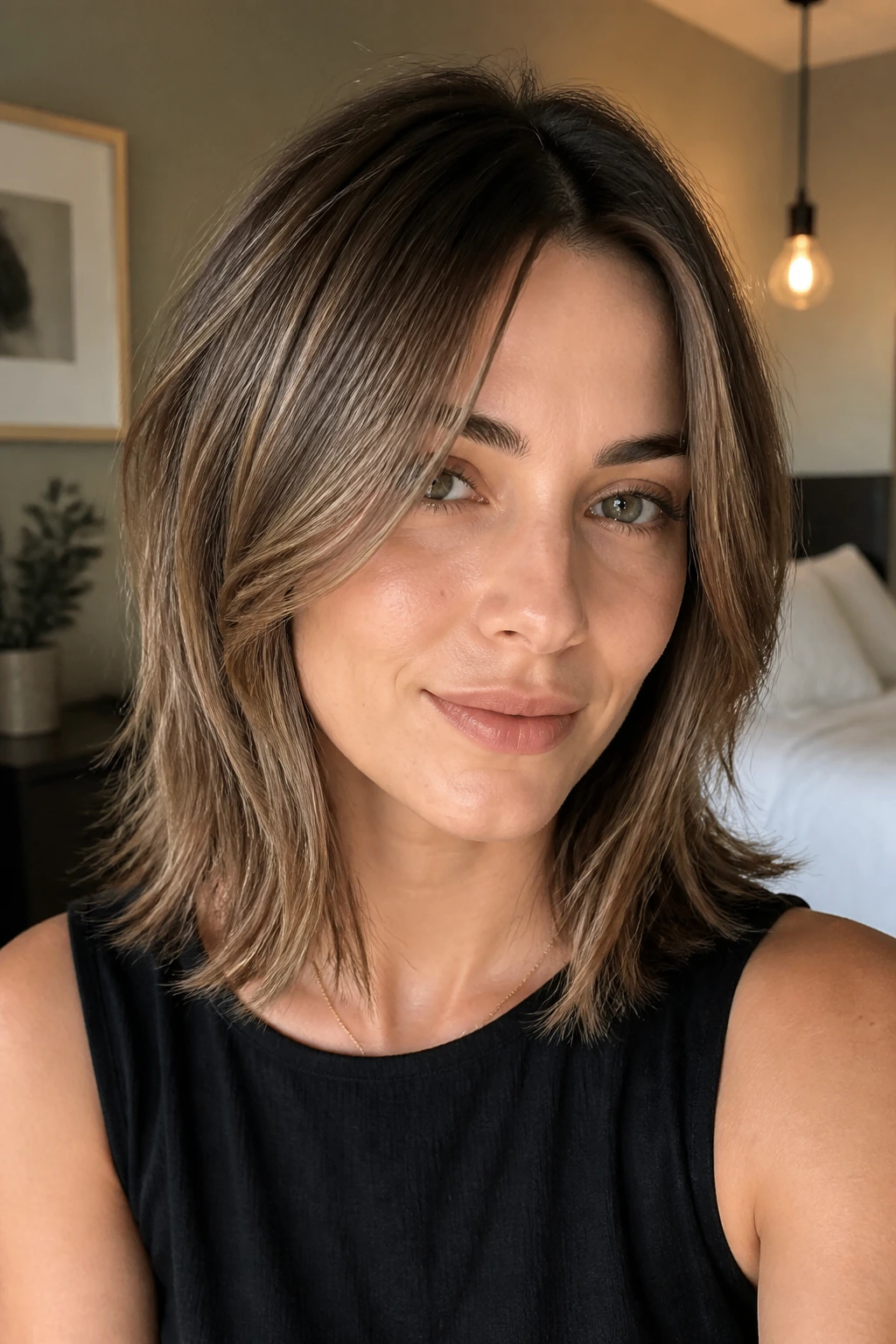 Portrait of woman with shoulder-skimming cut and micro layers