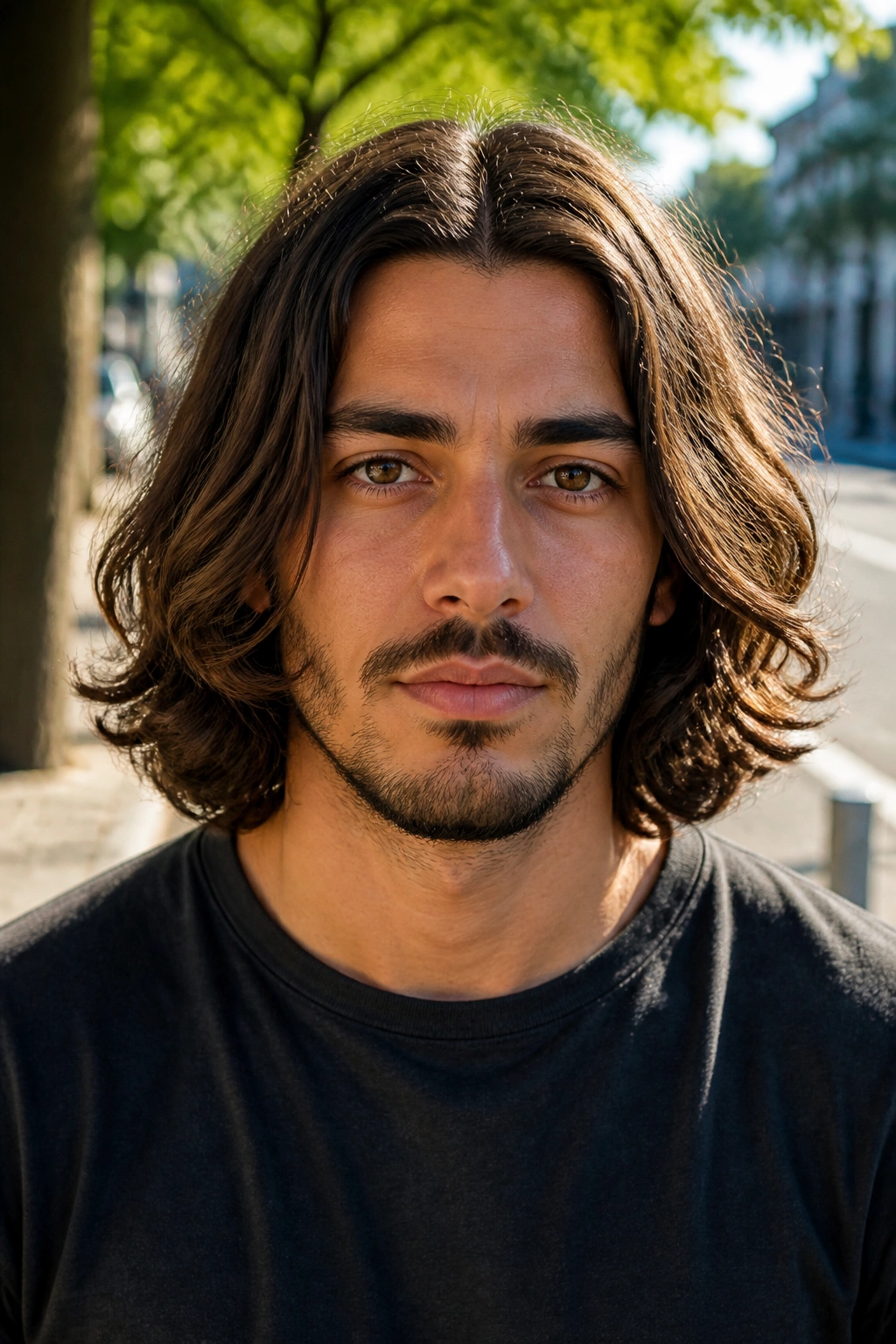 Real man with shoulder-length hair and a middle part