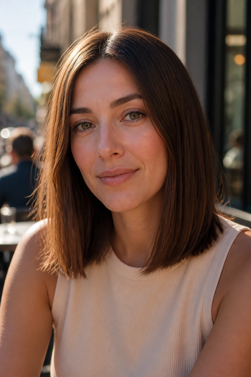 Close-up portrait of a real woman with a shoulder-length one-length cut in urban cafe light