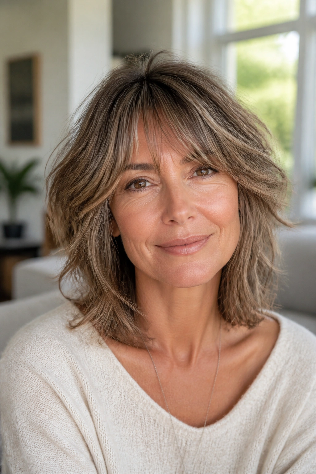 Close-up of real woman with shoulder-length shag and airy layers