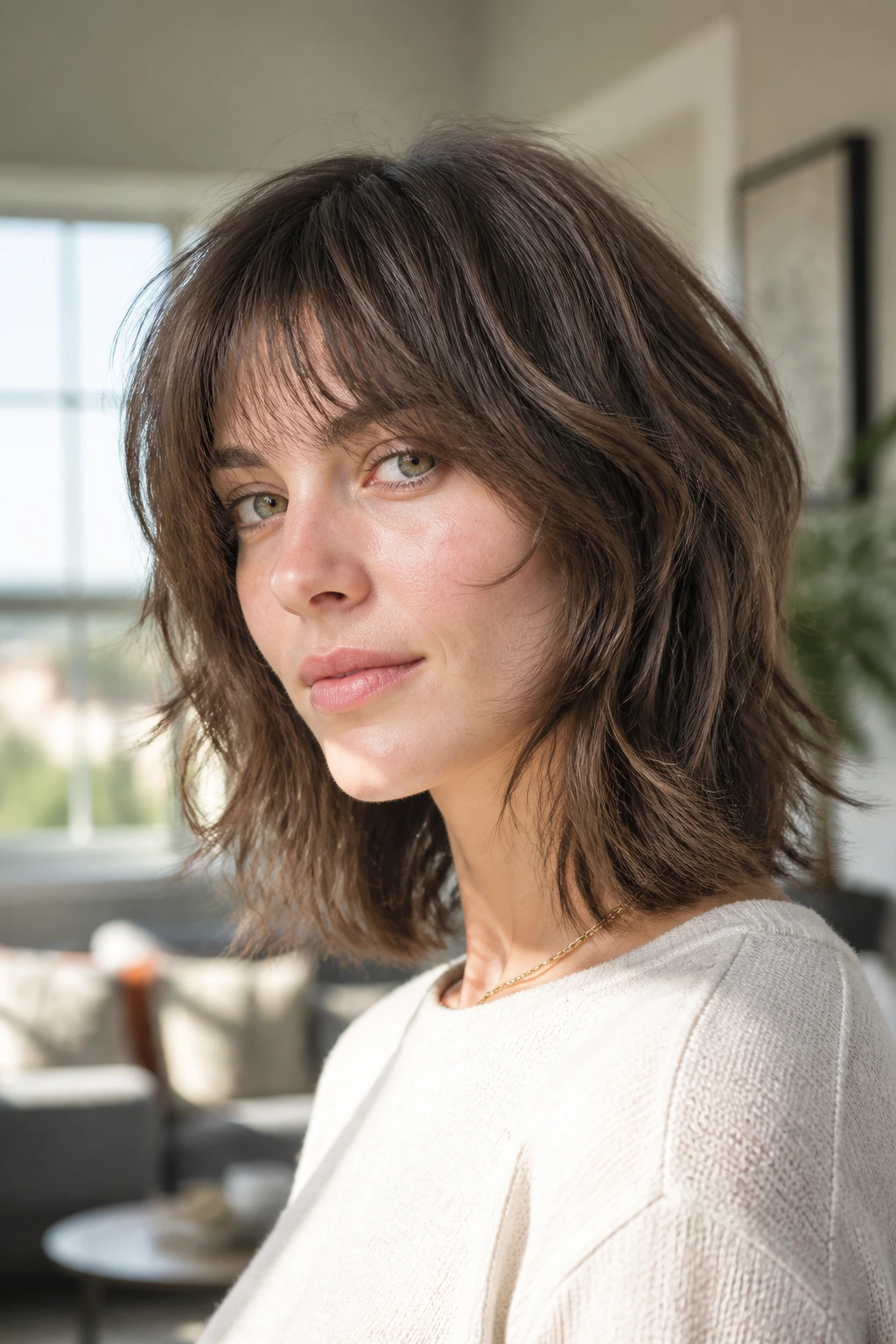 Close-up of a woman with a shoulder-length shag and airy layers in a sunlit living room.