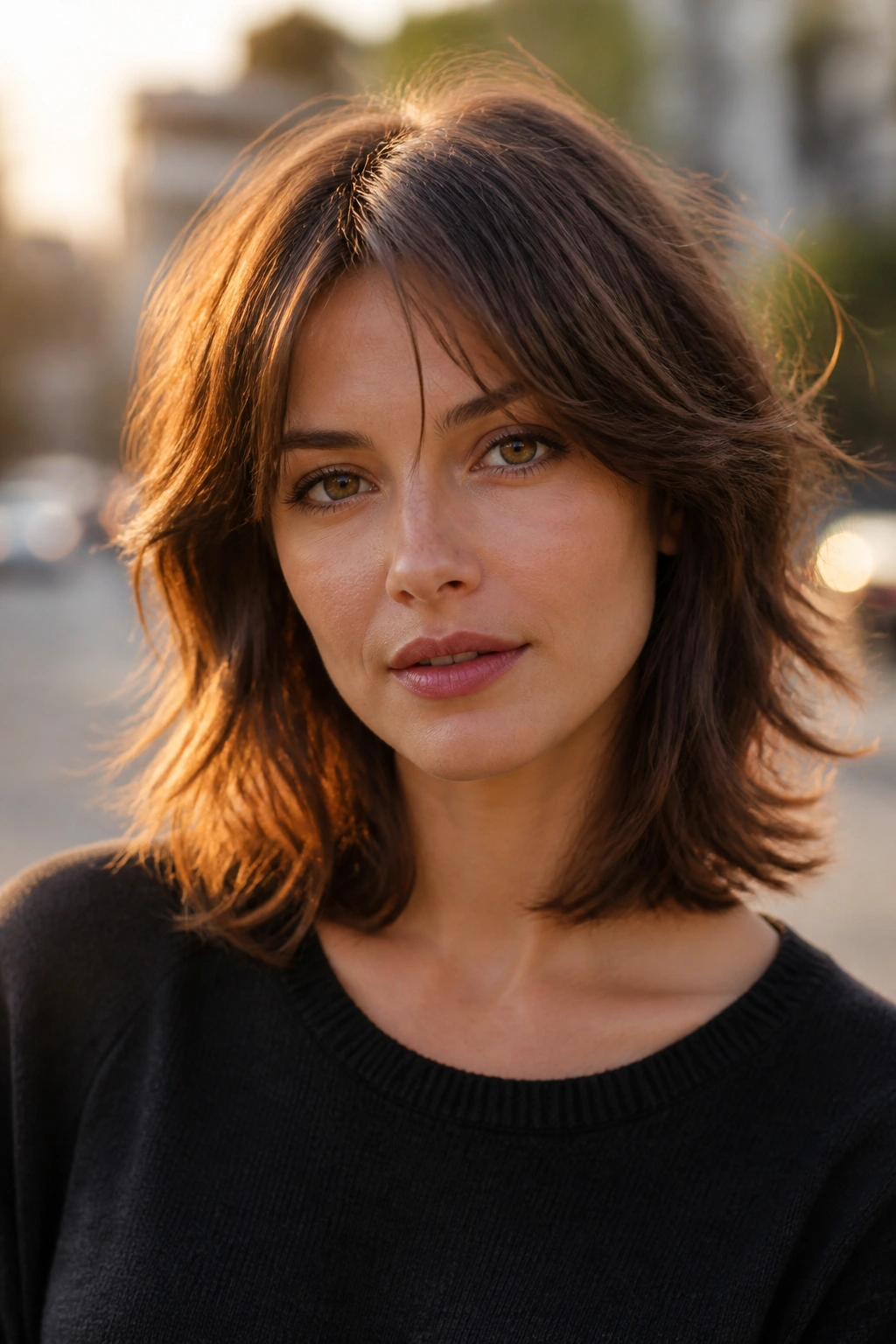 Portrait of a real woman with shoulder-length shag and broken layers