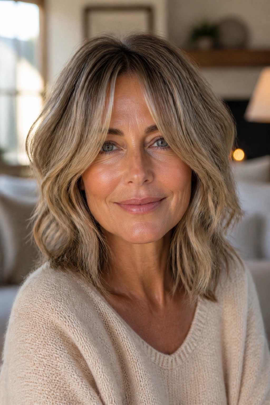 Close-up of a real woman with shoulder-length shag and curtain bangs in a cozy room
