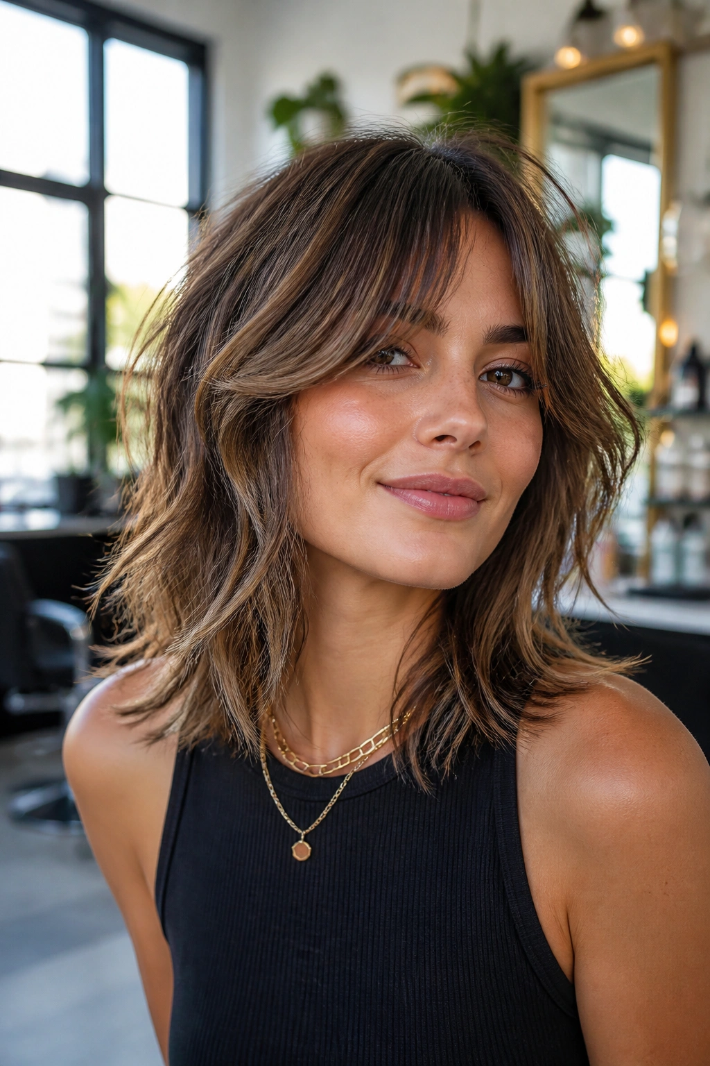 Portrait of a woman with shoulder-length shag and curtain bangs in a sunny salon