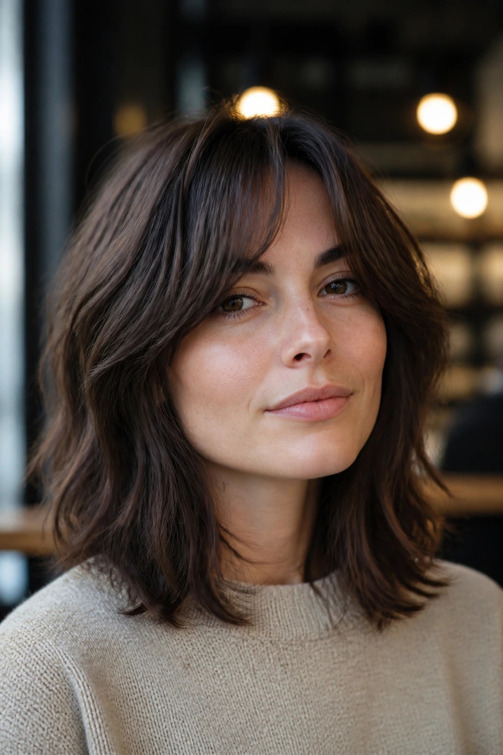 Close-up portrait of a real woman with shoulder-grazing shag and curtain bangs sweeping away from her face in warm window light