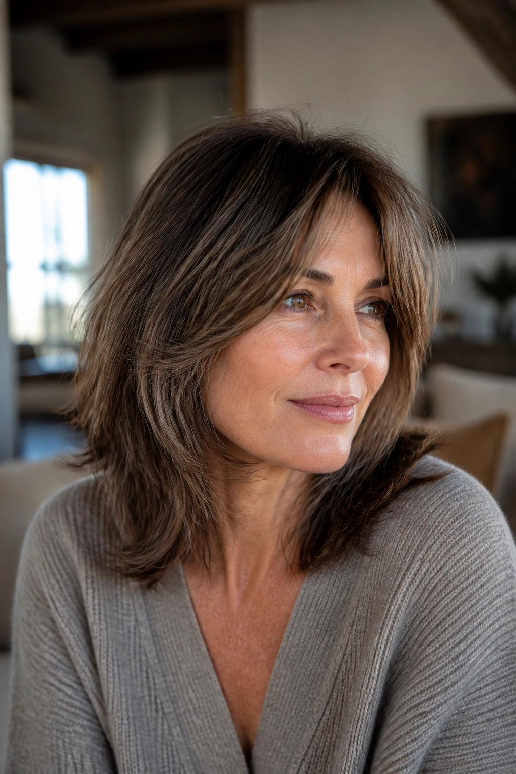 Close-up of real woman with shoulder-length shag and face-framing layers