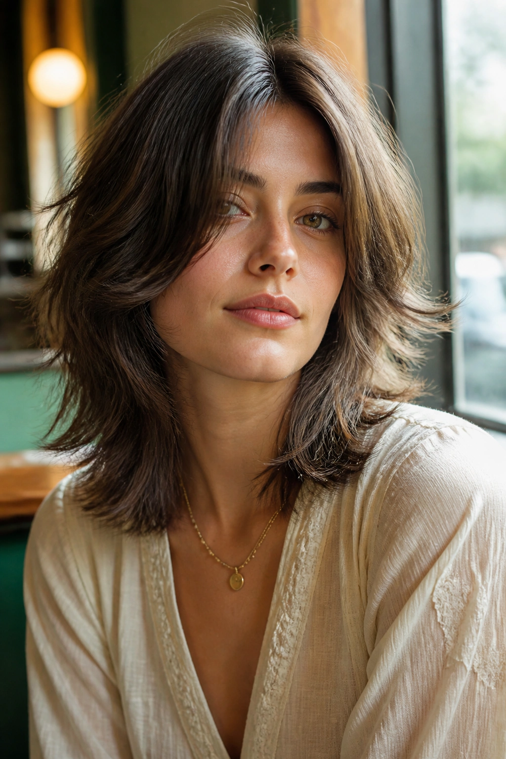 Close-up portrait of a real woman with shoulder length shag and feathered ends in a sunlit cafe setting.