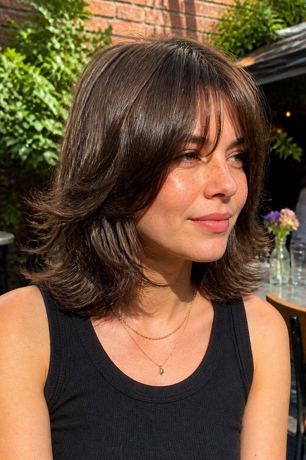 Real woman with shoulder-length shag and flipped ends in an outdoor cafe setting