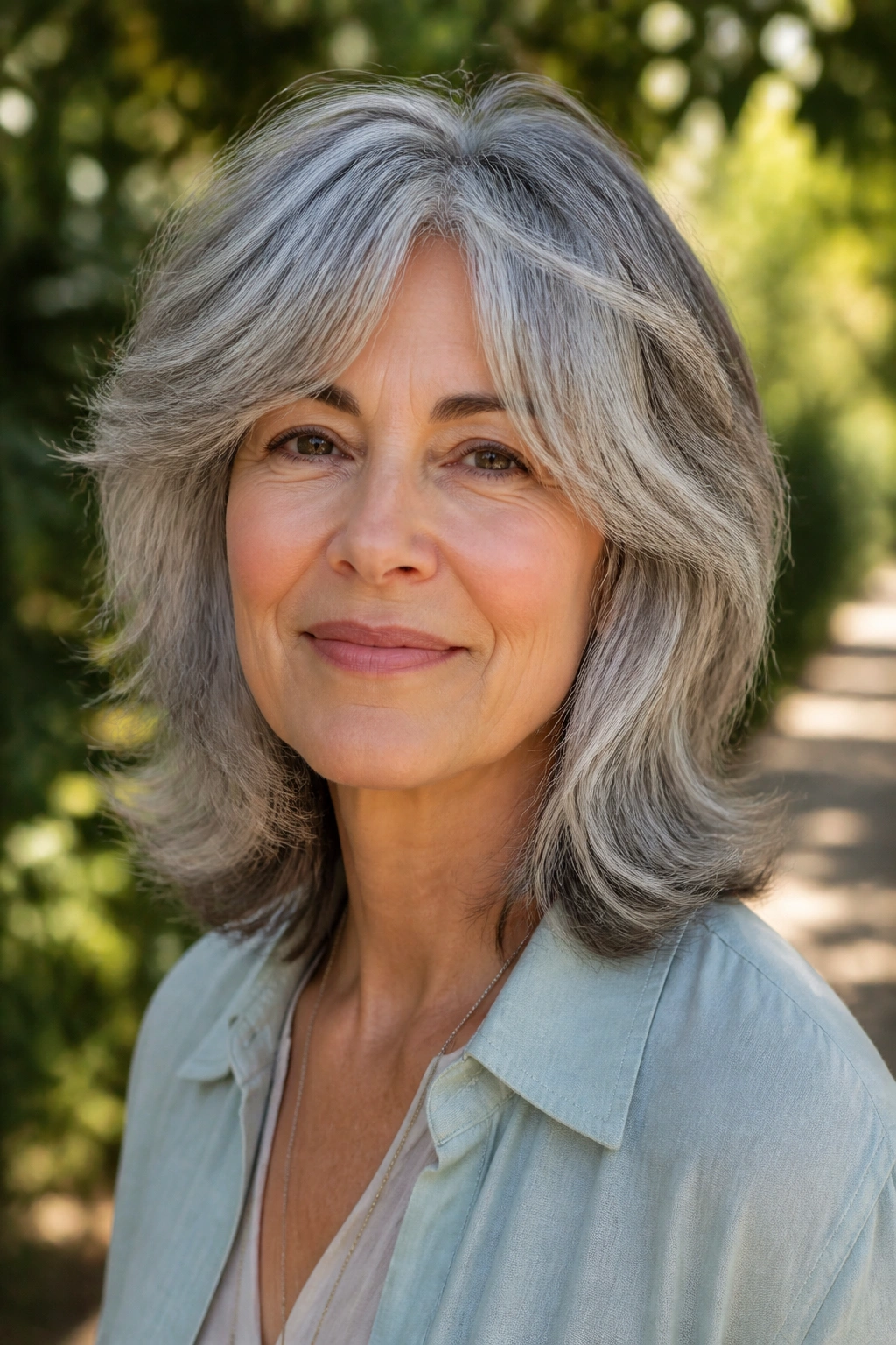 Close-up portrait of a real woman with shoulder-length shag and feathered ends