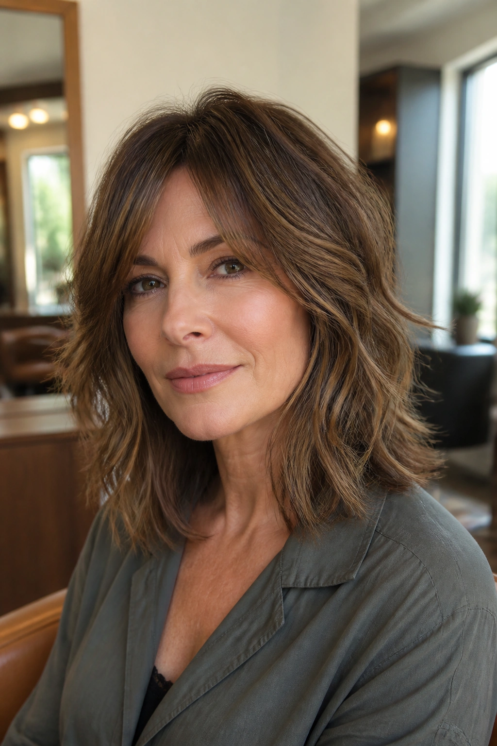 Close-up of a woman with shoulder-length shag hairstyle in a salon setting