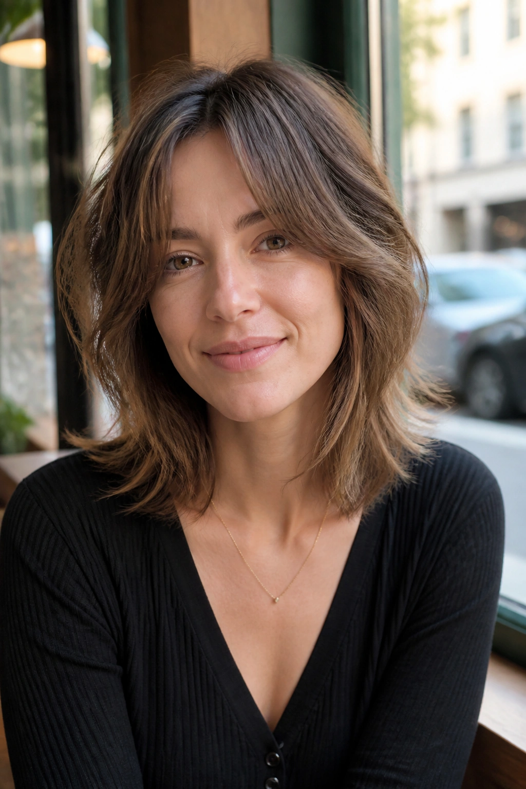Close-up of a real woman with shoulder-length shag and airy layers