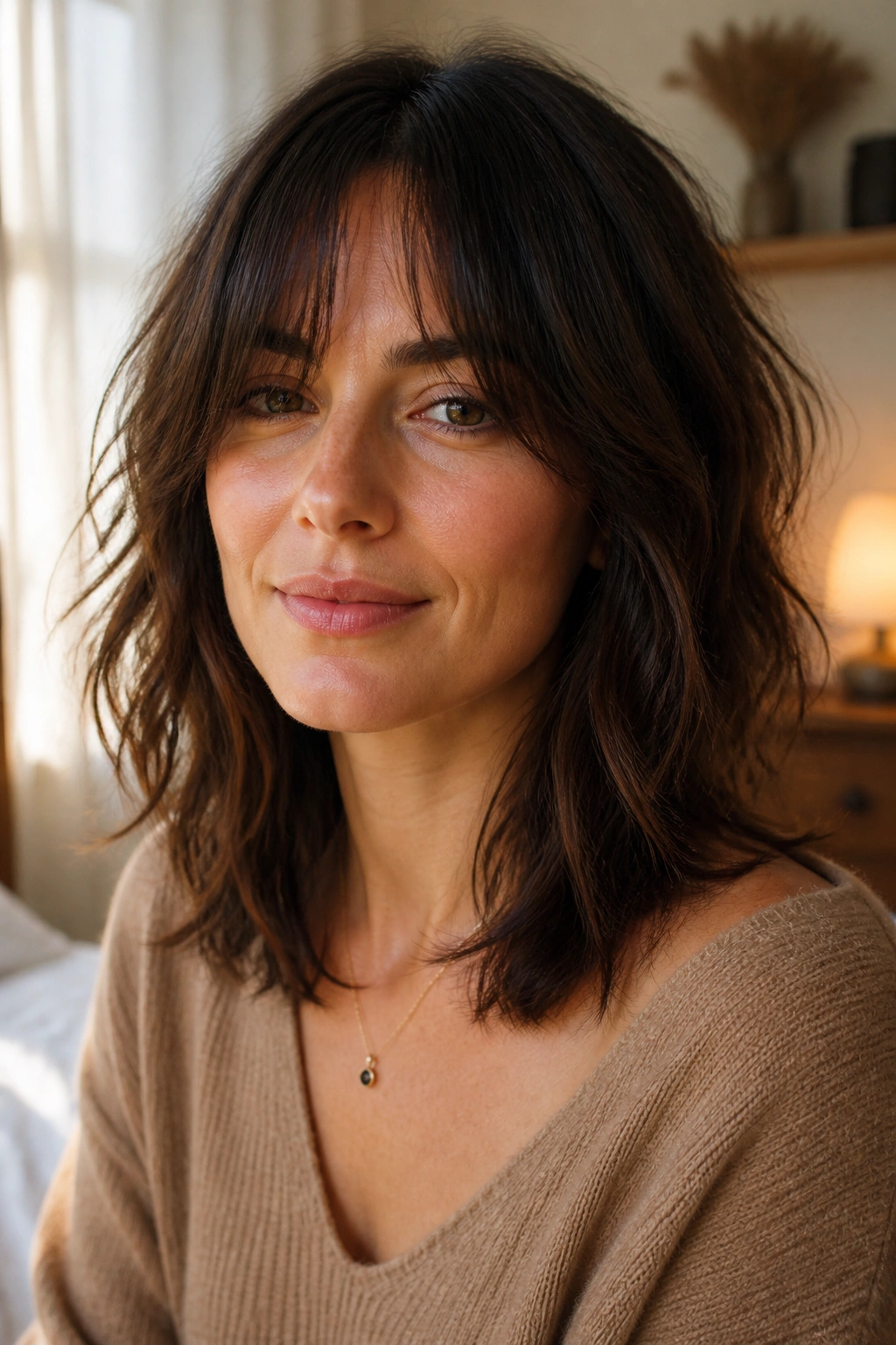 Close-up portrait of a real woman with shoulder-length midi shag hairstyle