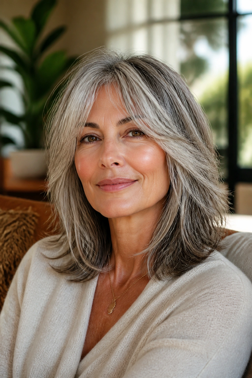 Close-up of a real woman with a shoulder-length shag hairstyle, textured layers in a cozy living room